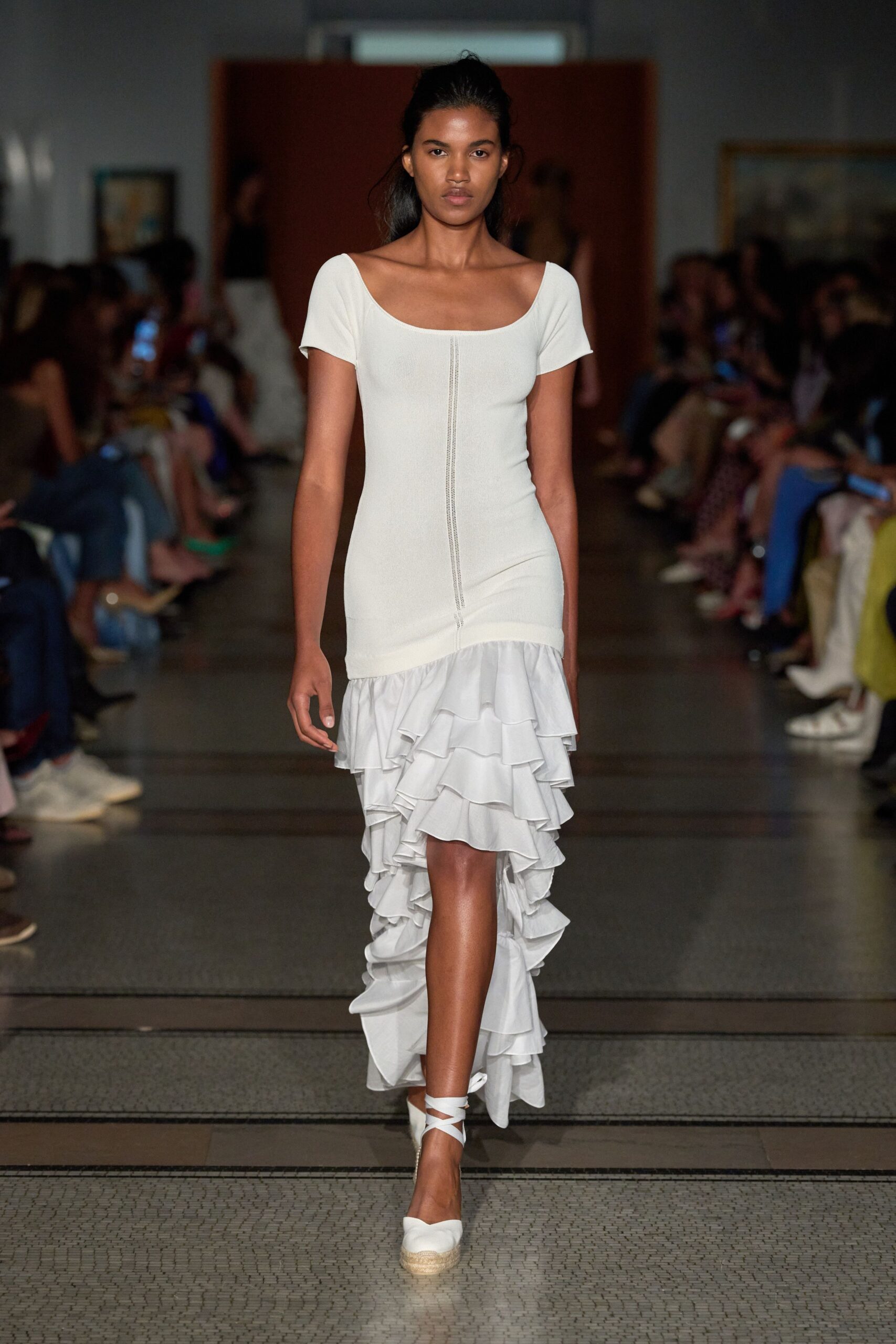 white ruffled midi dress with shoes