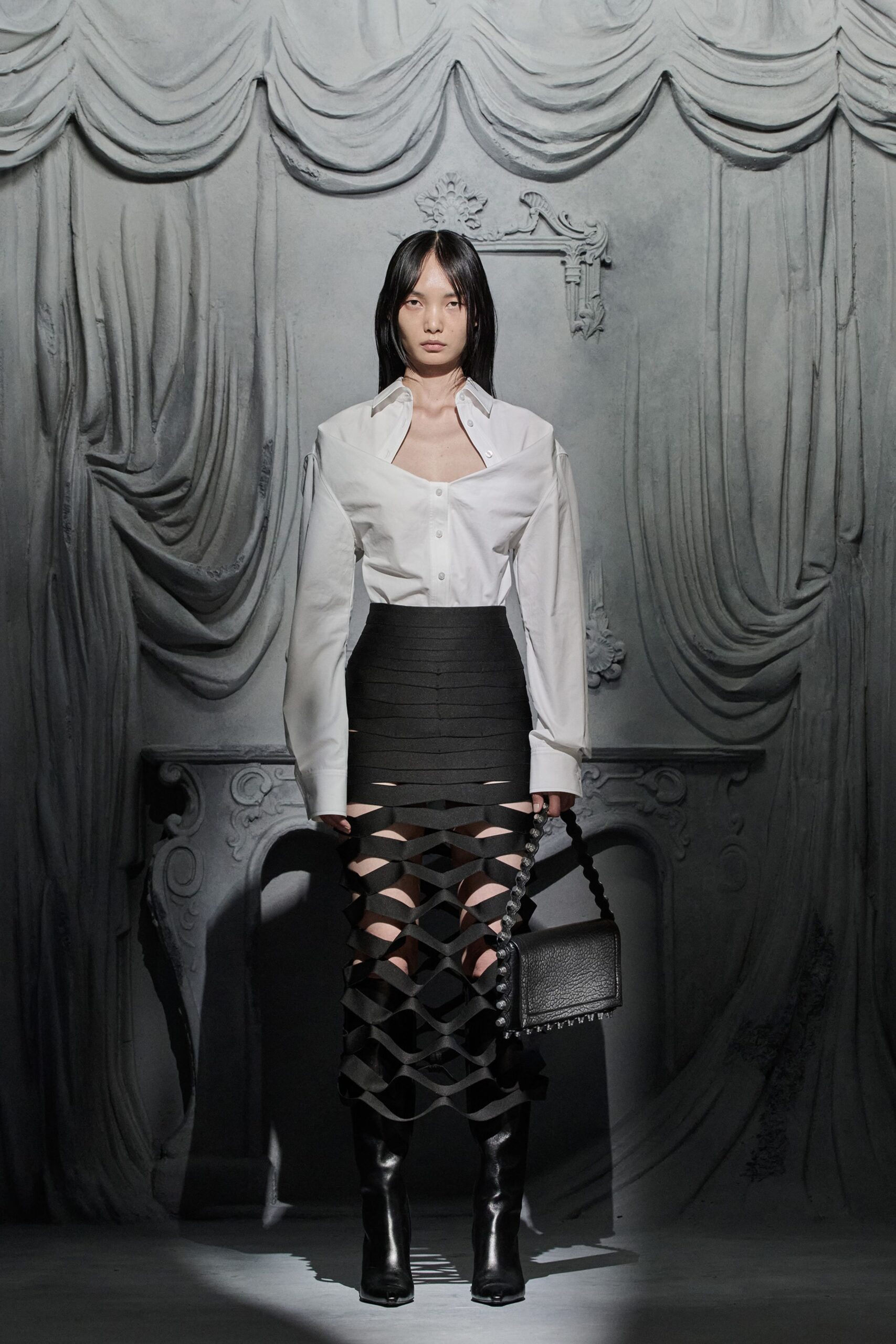 white fitted shirt black cutout skirt