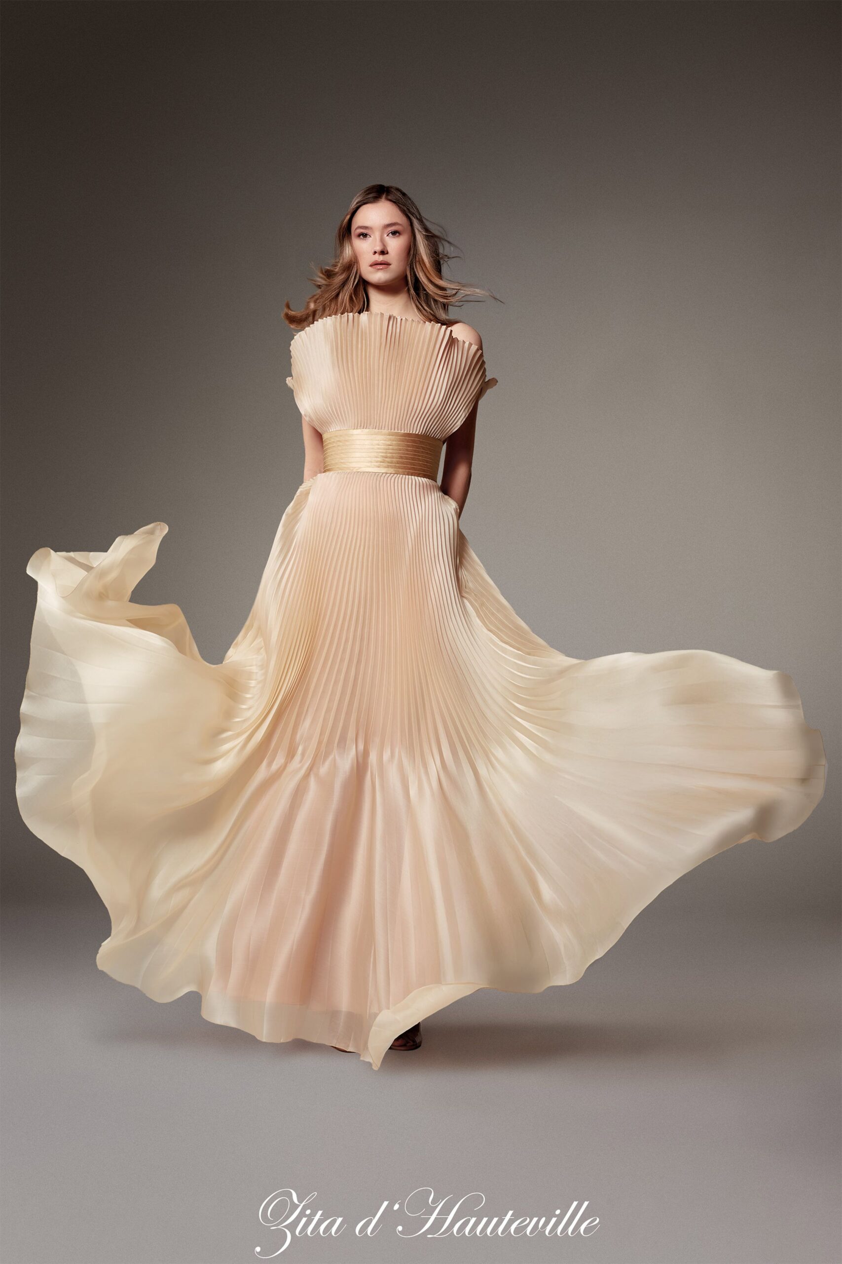 beige silk pleated gown