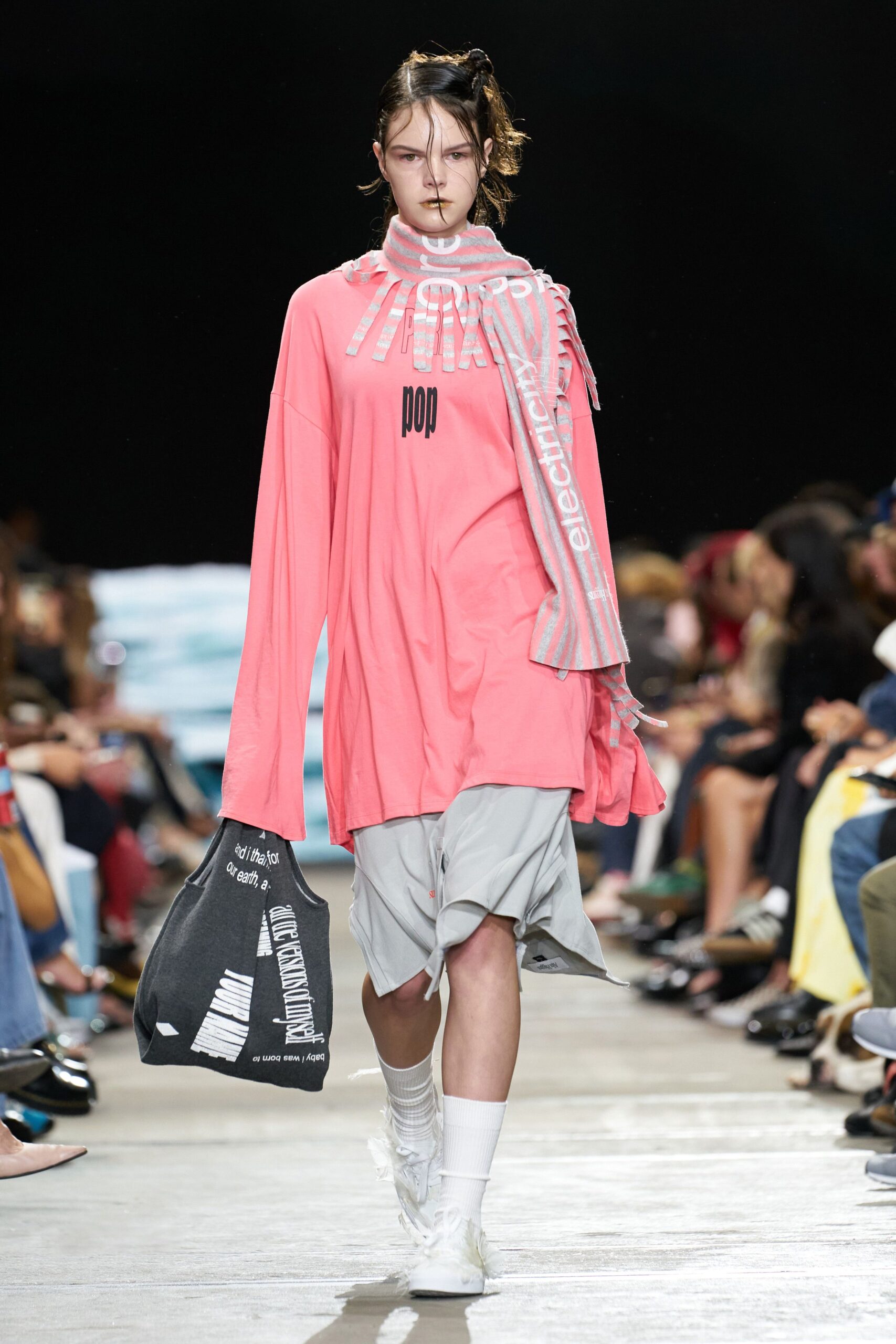 oversized pink top with gray skirt
