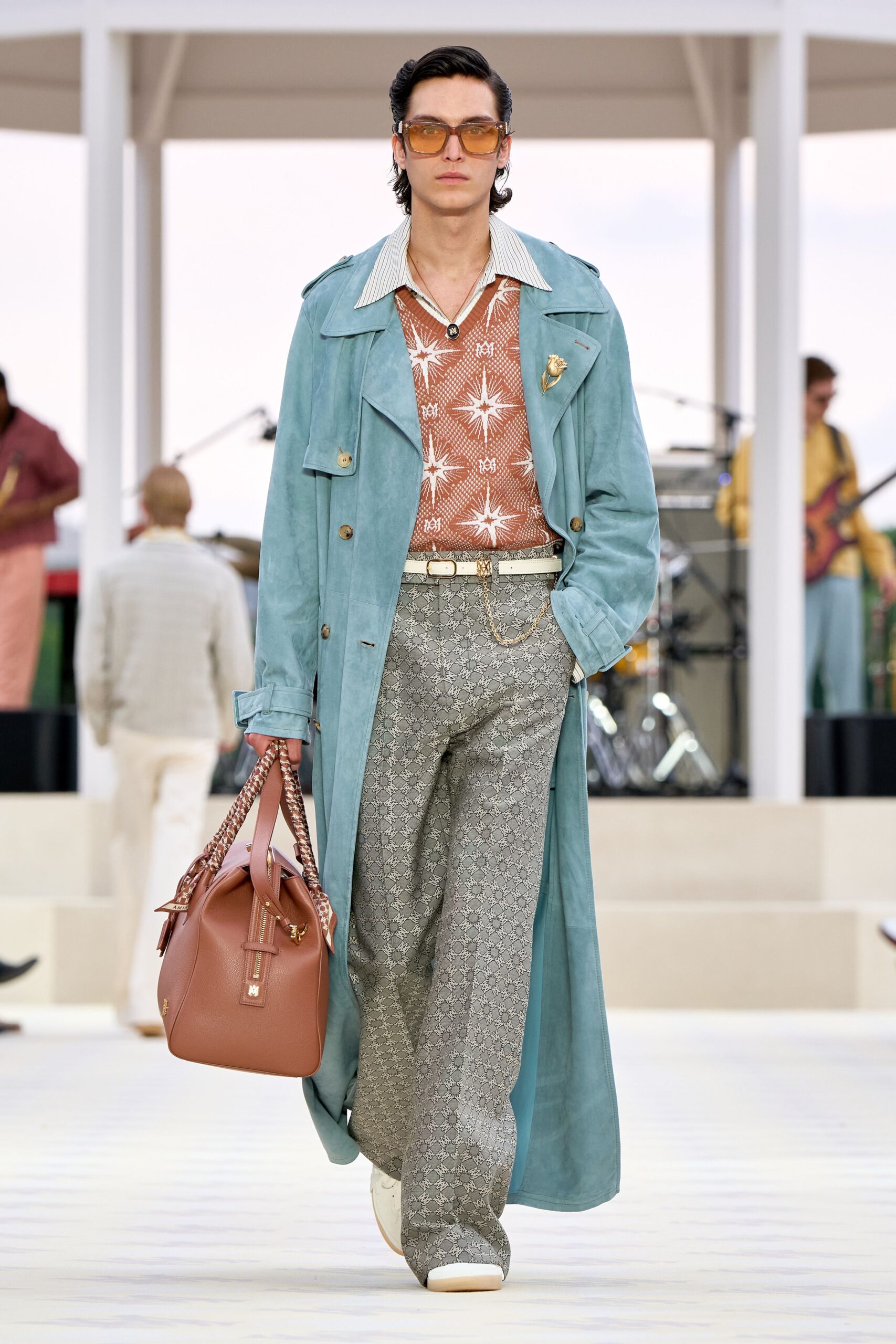 blue suede long-sleeve collared relaxed buttoned trench