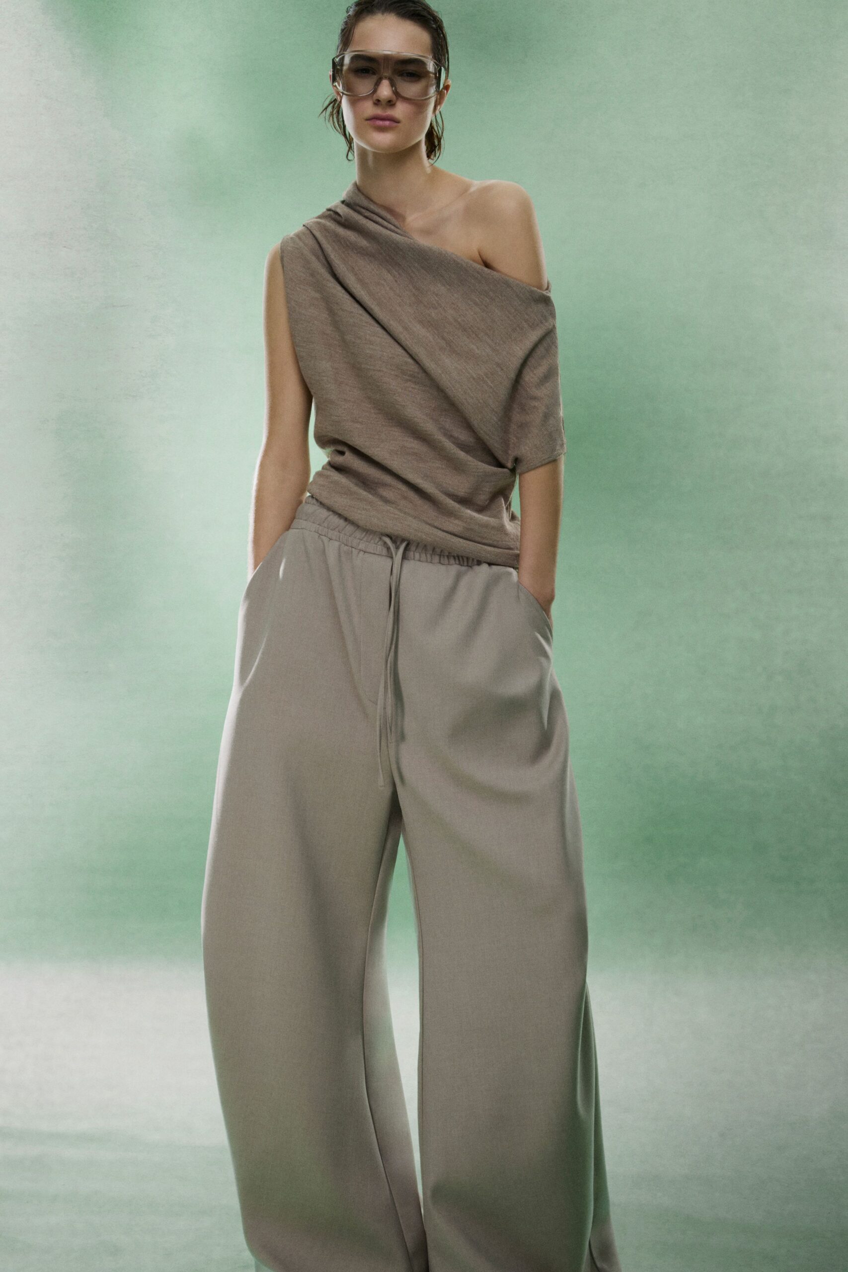 beige cotton short-sleeve off-shoulder relaxed draped top