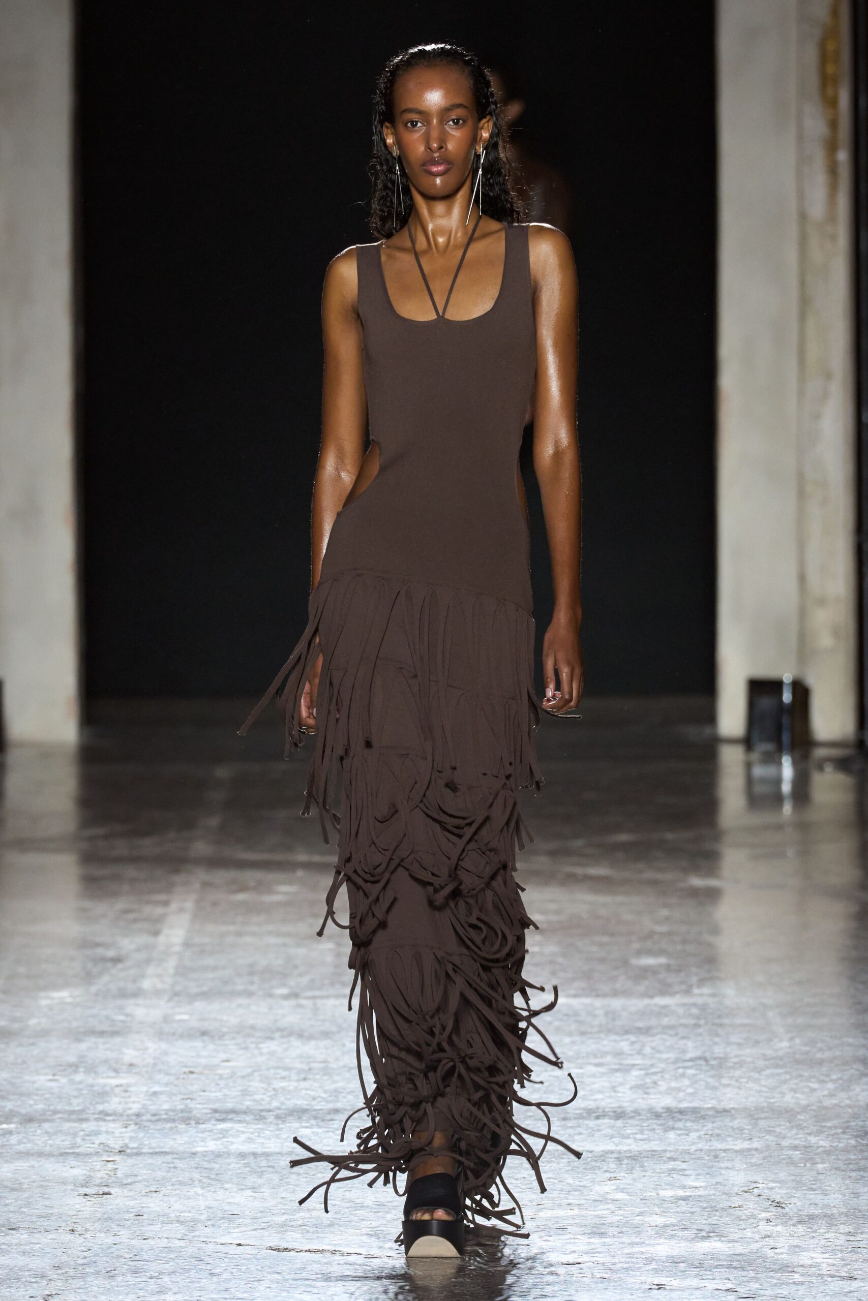 brown fringed maxi dress with black shoes