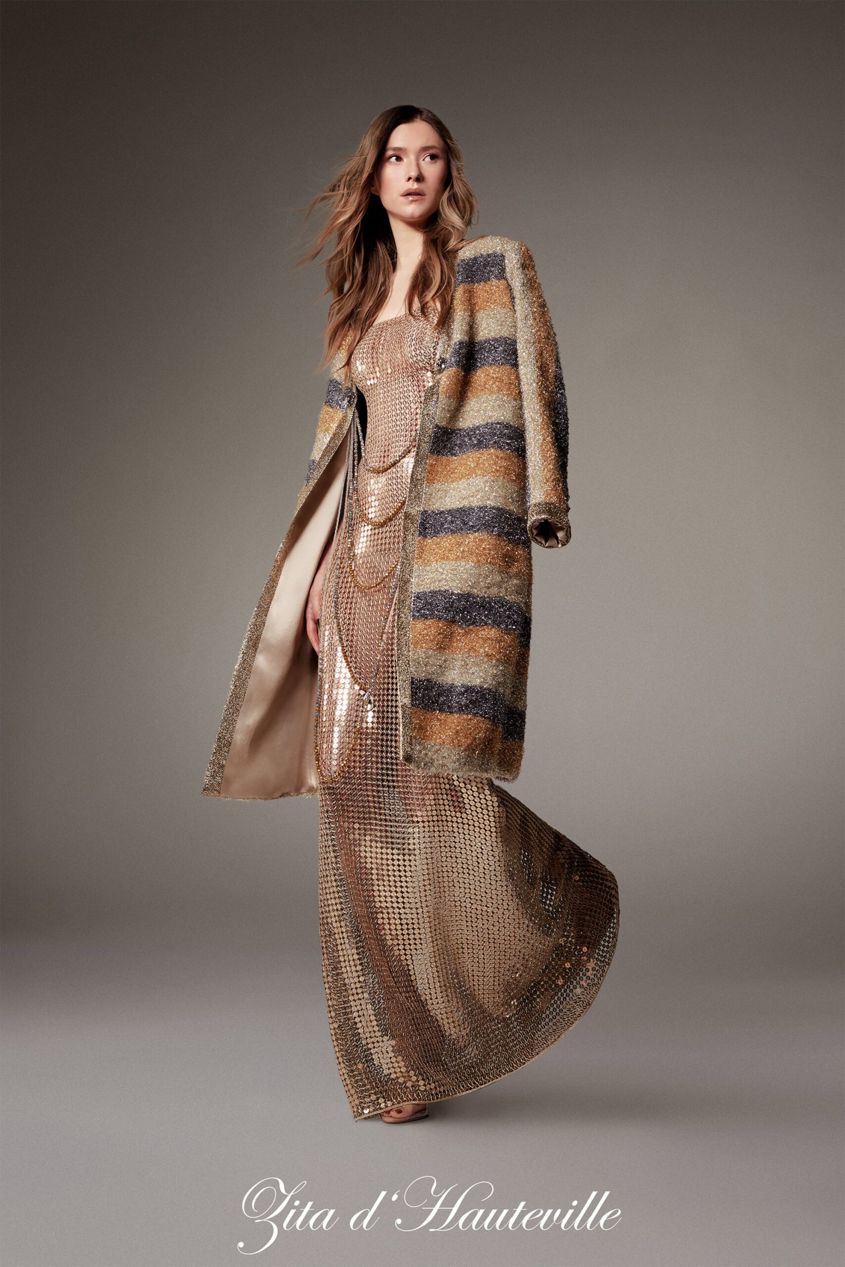 gold sequin gown with coat