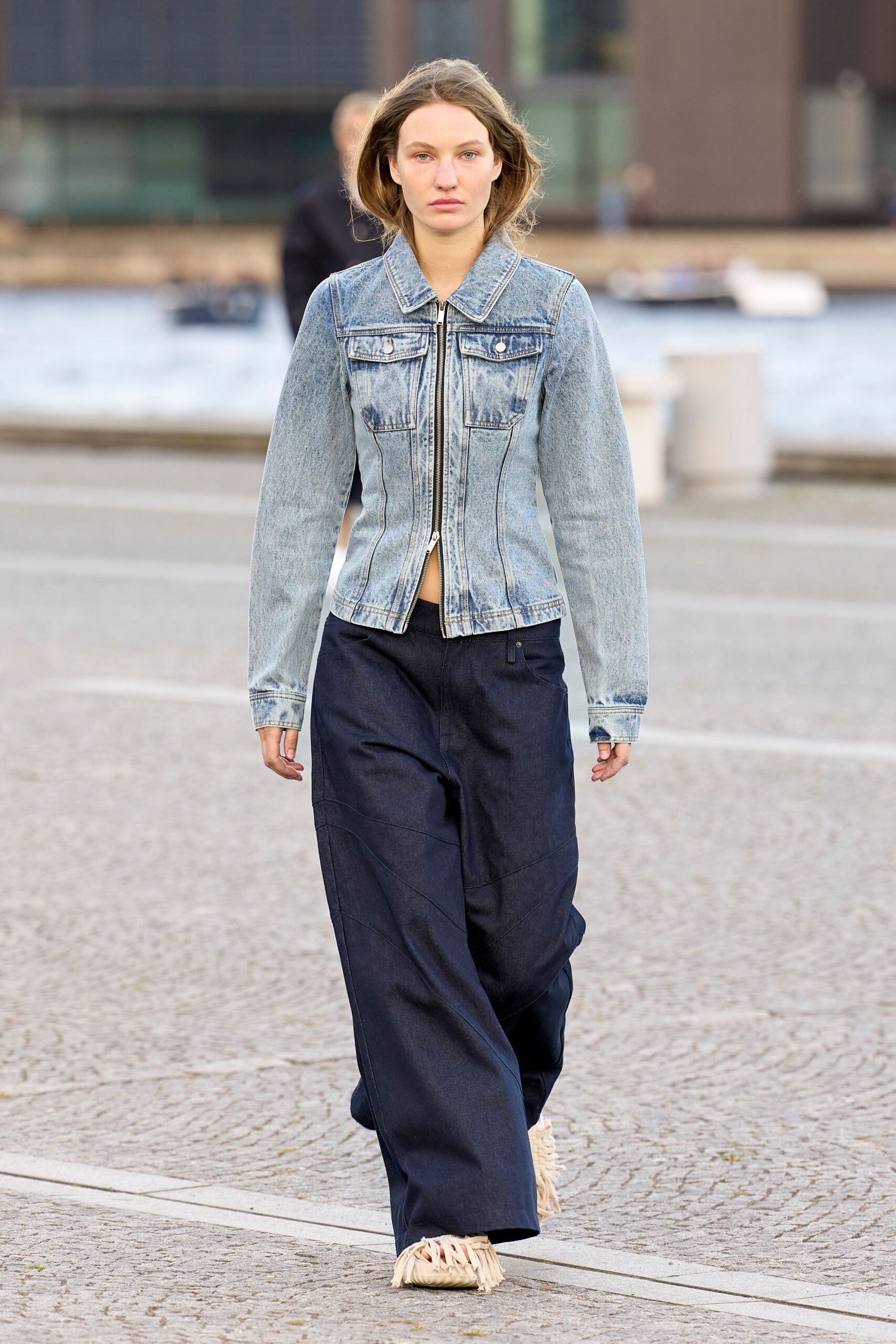 blue denim long-sleeve collared fitted zippered pockets jacket