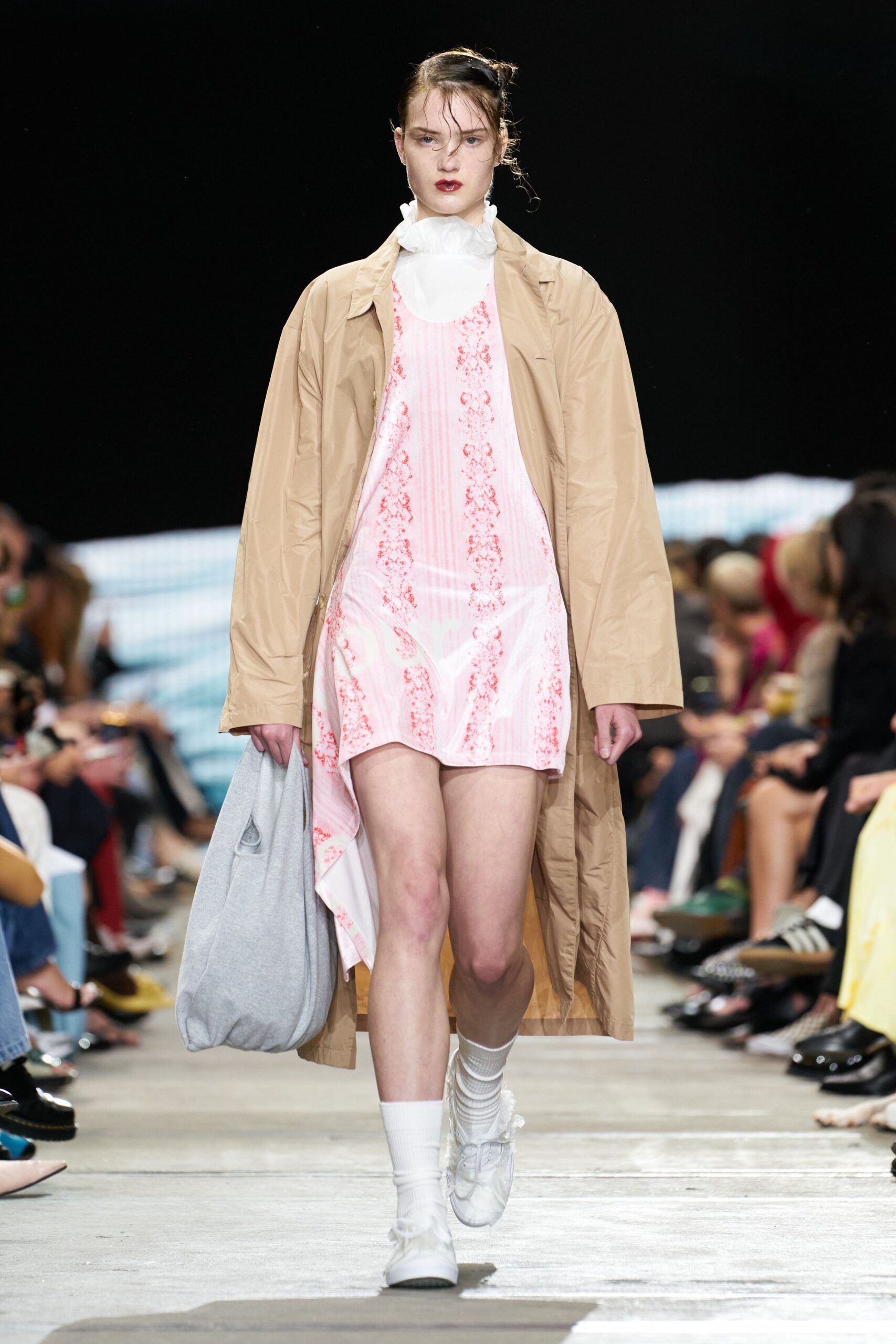 beige coat pink mini dress
