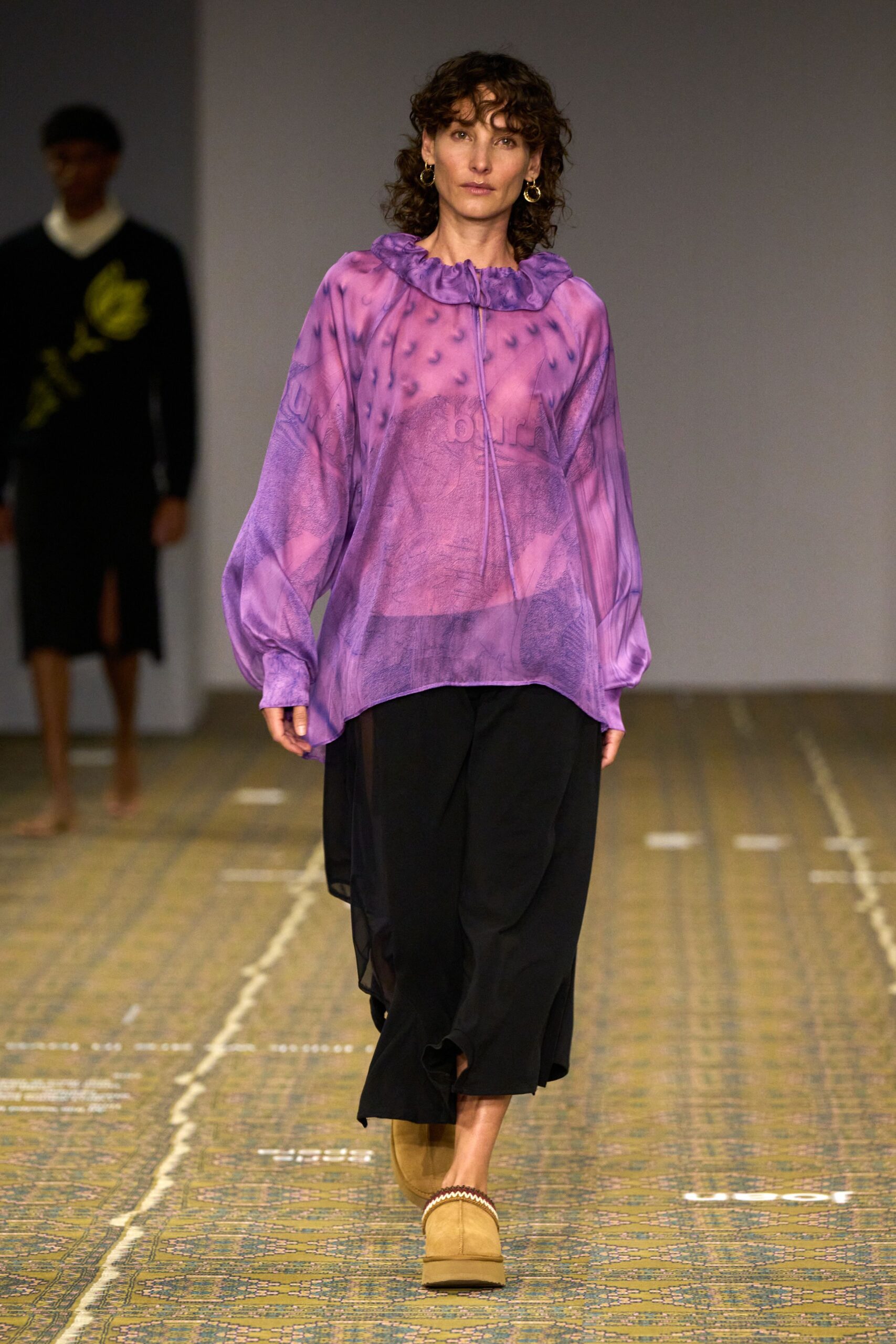 purple silk long-sleeve high-neck oversized printed draped blouse
