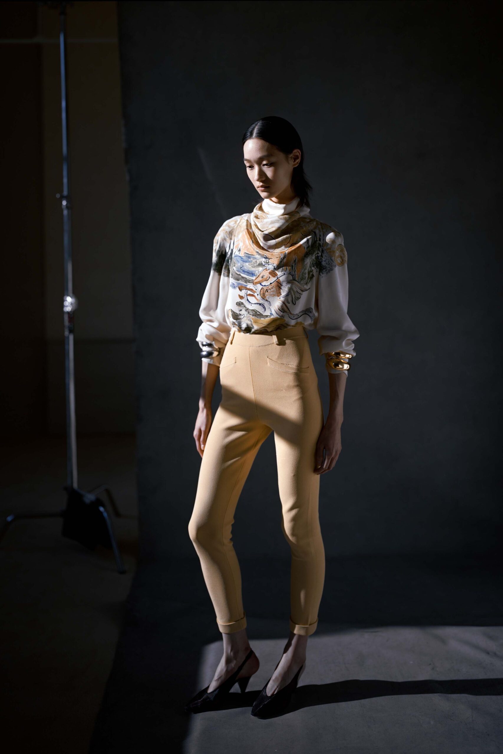 embroidered silk blouse with fitted pants