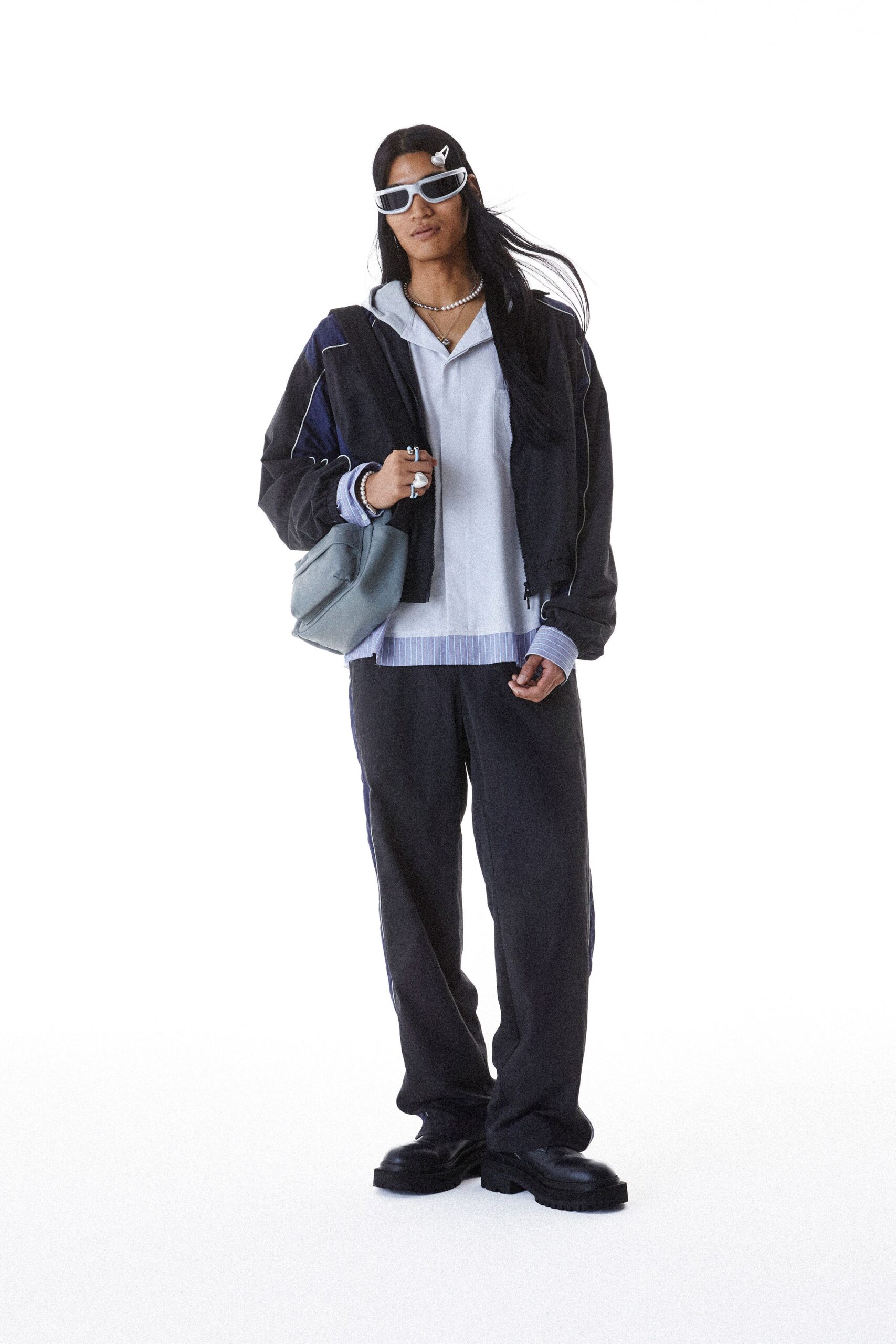 black relaxed jacket with white top