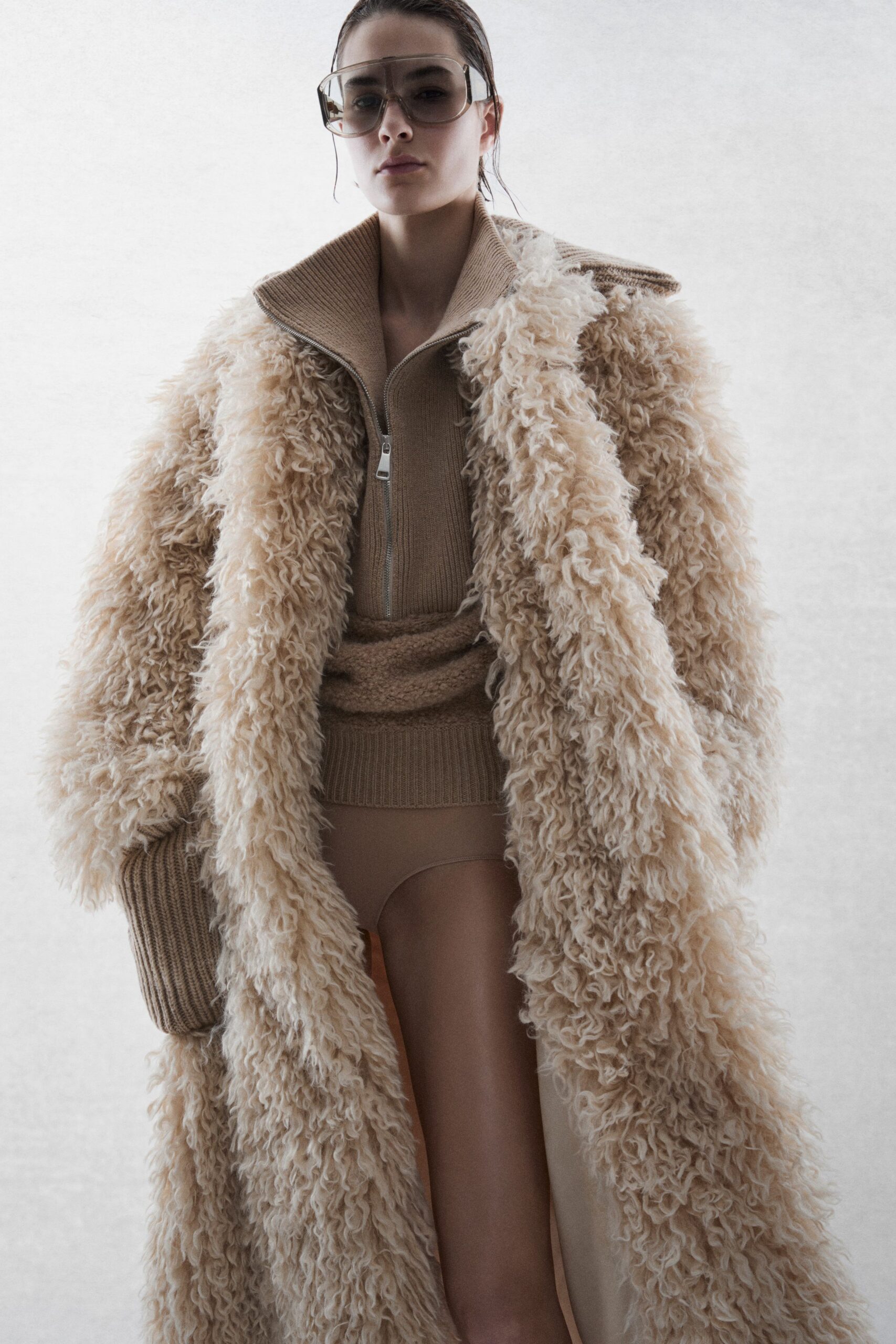 beige fur long-sleeve collared relaxed layered maxi coat