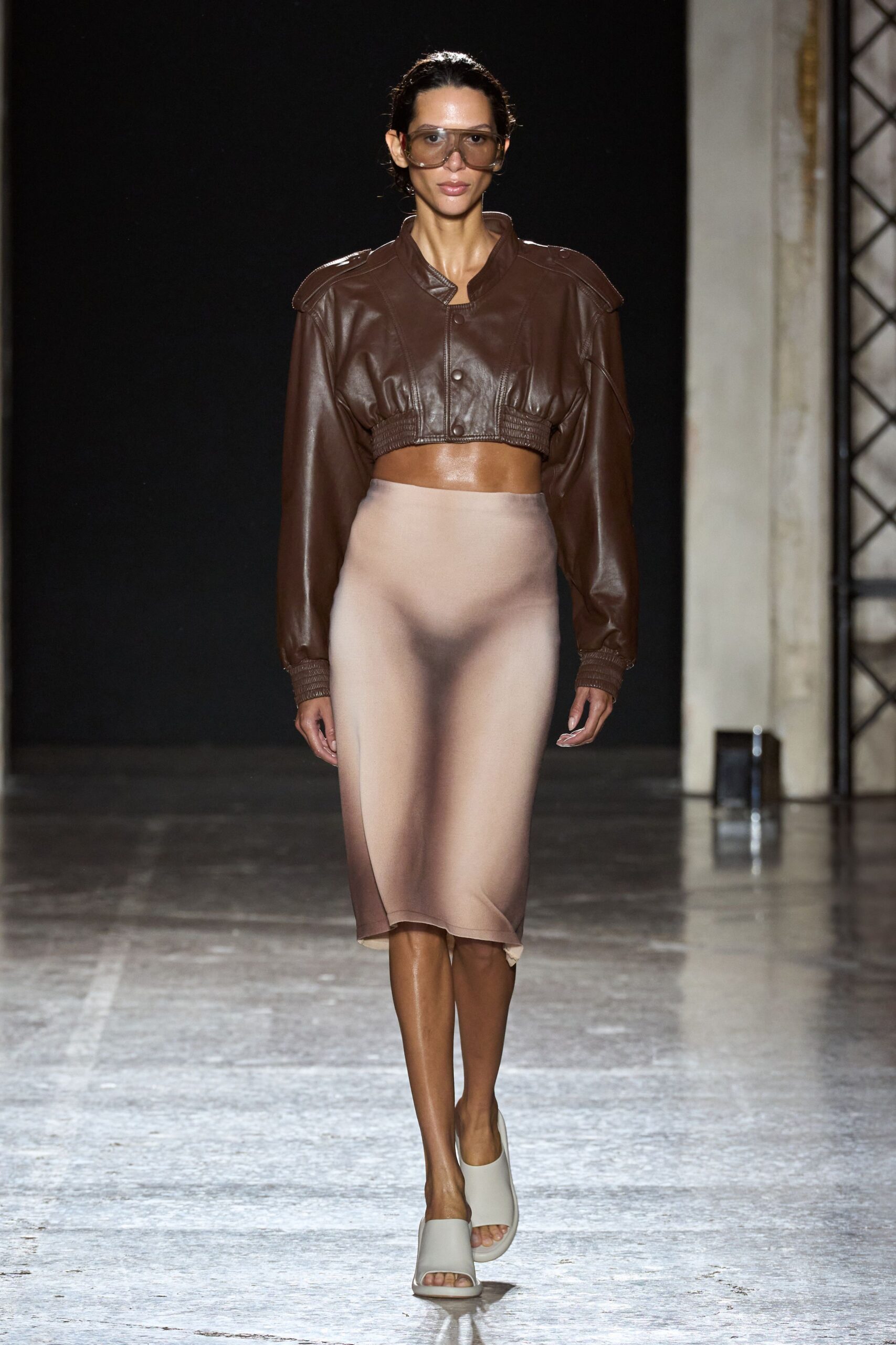 brown leather jacket beige pencil skirt