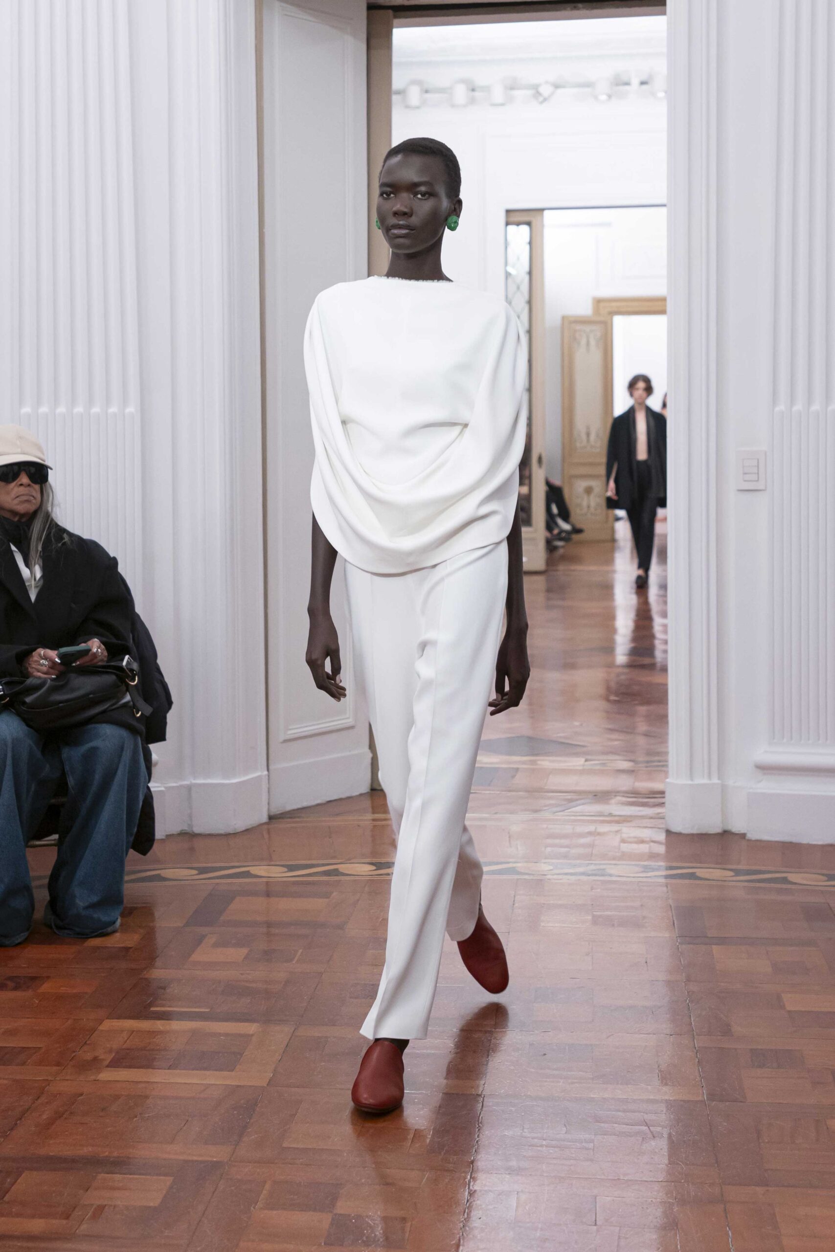 white silk fitted draped pants