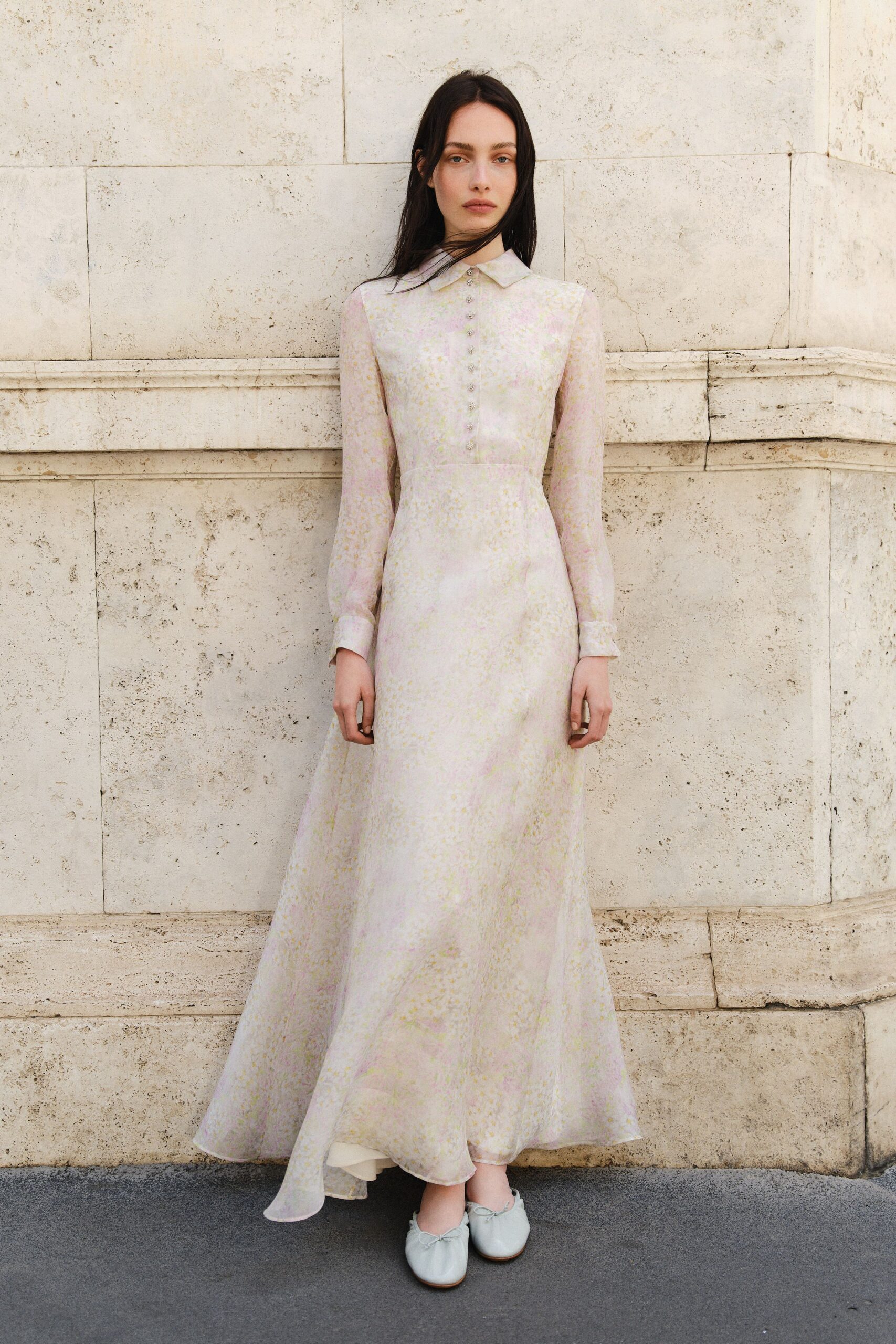 white chiffon long-sleeve collared fitted buttoned printed dress