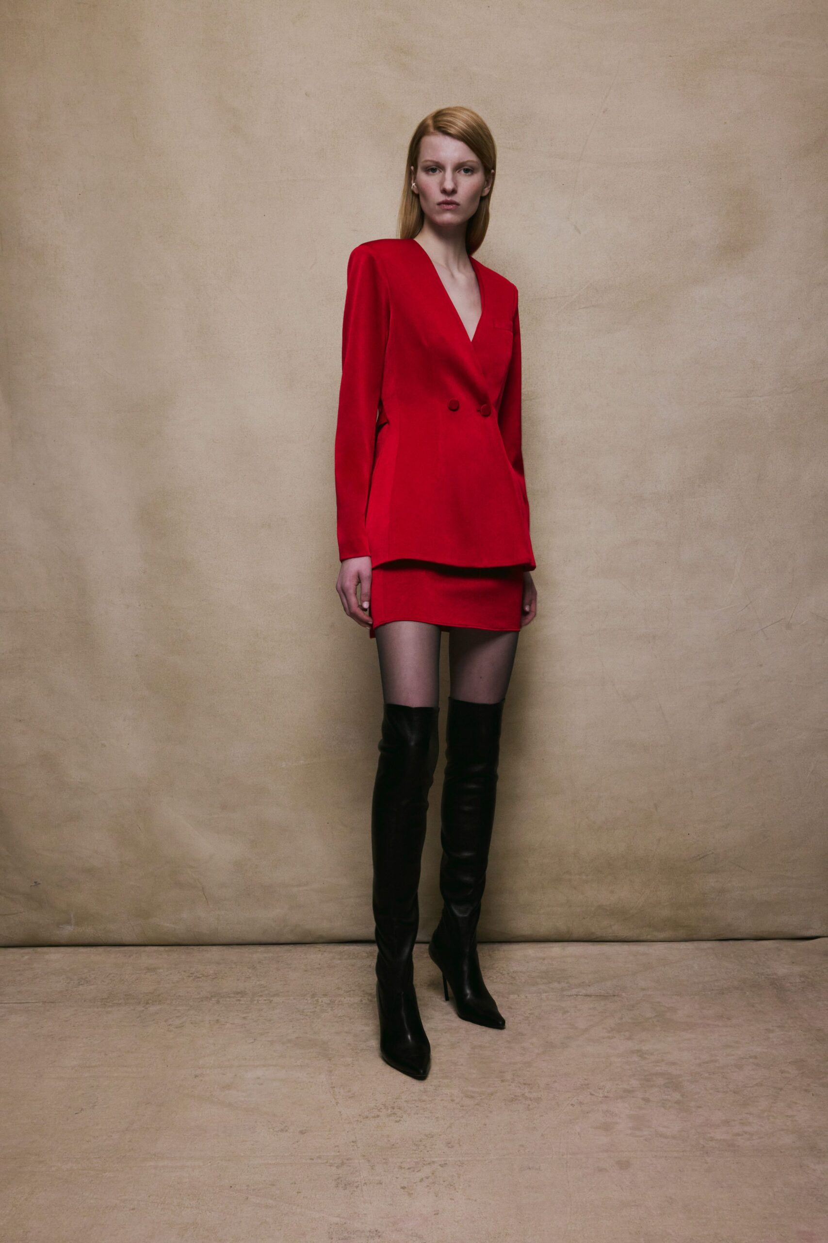 red silk fitted blazer and mini skirt