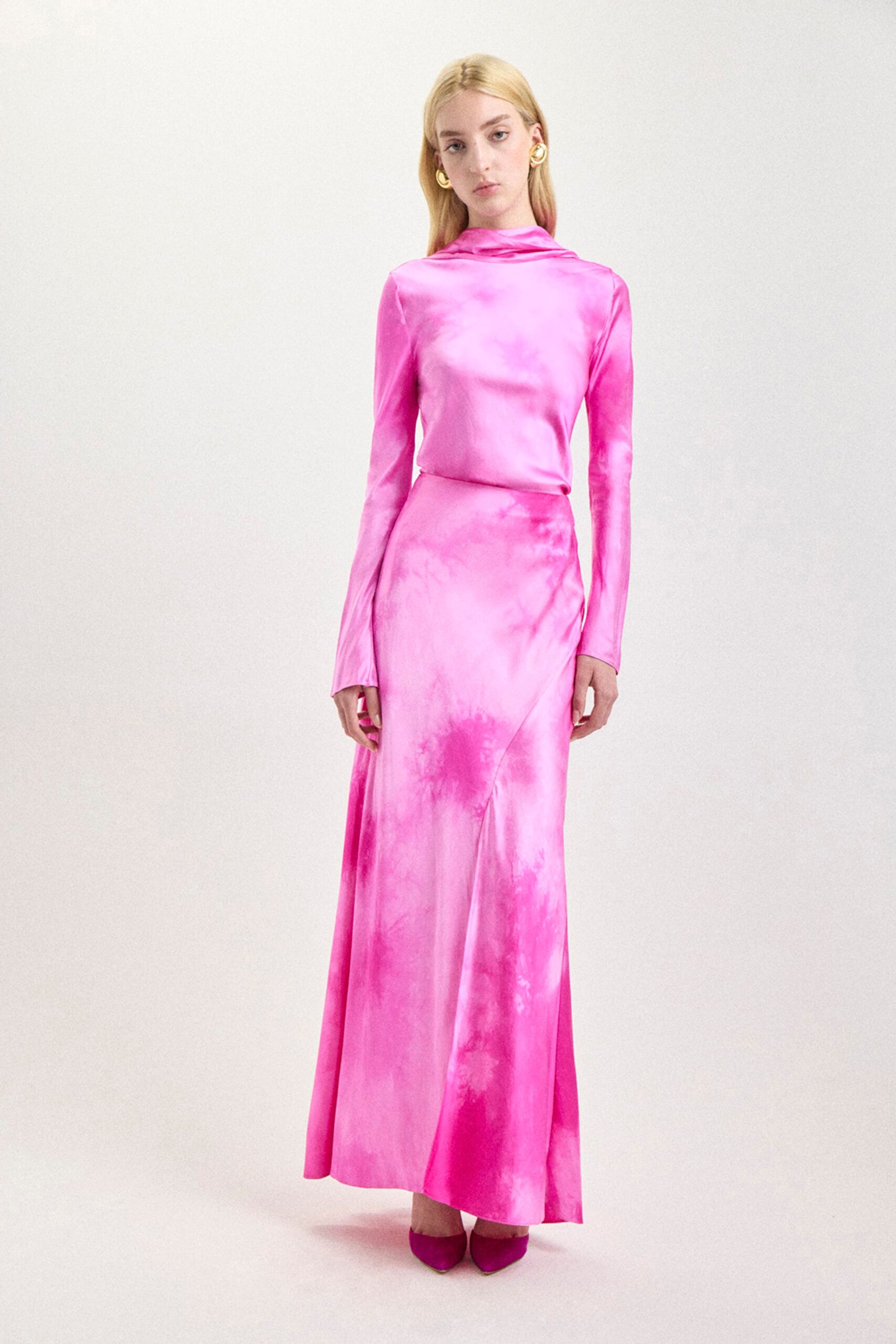 pink silk long-sleeve high-neck fitted draped shiny gown