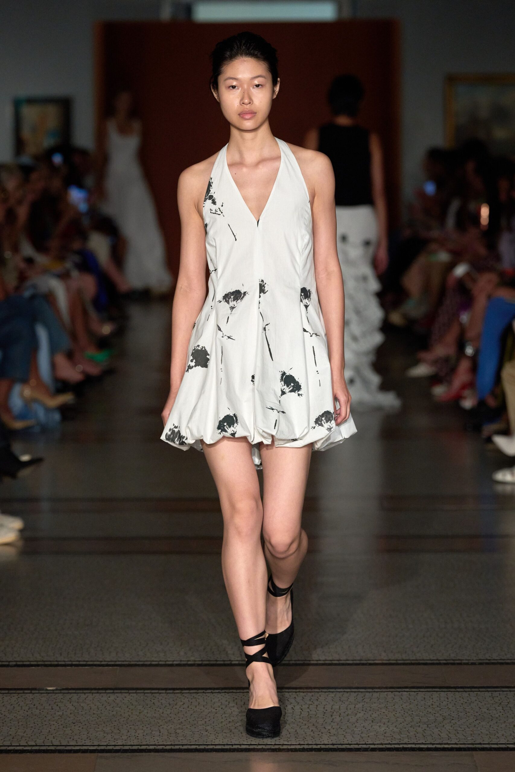 white and black flared mini dress