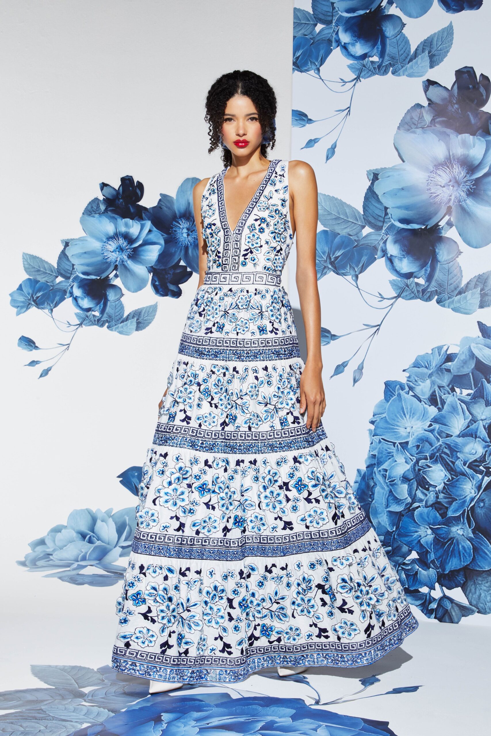 blue and white printed gown