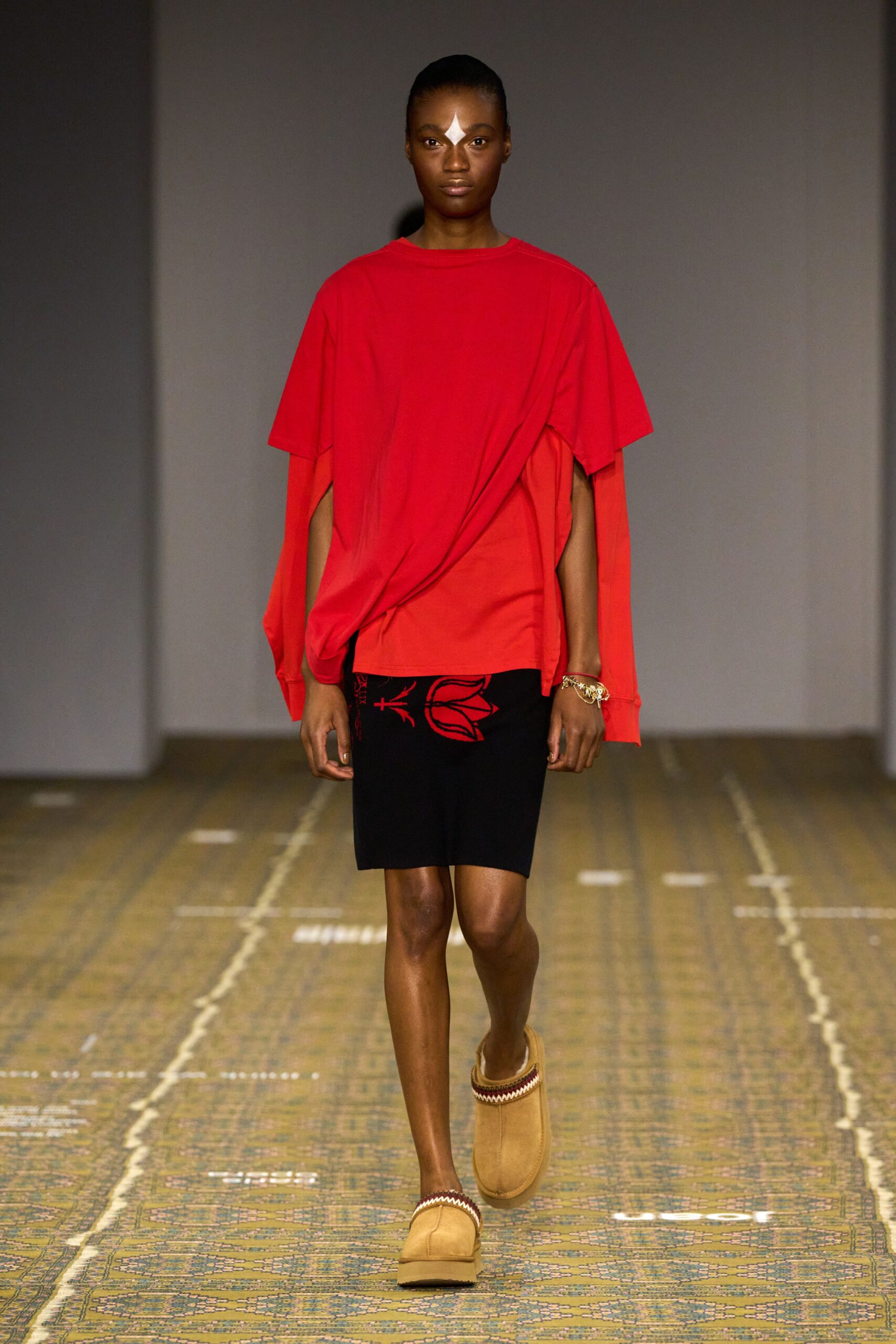 red cotton short-sleeve collared oversized layered draped top