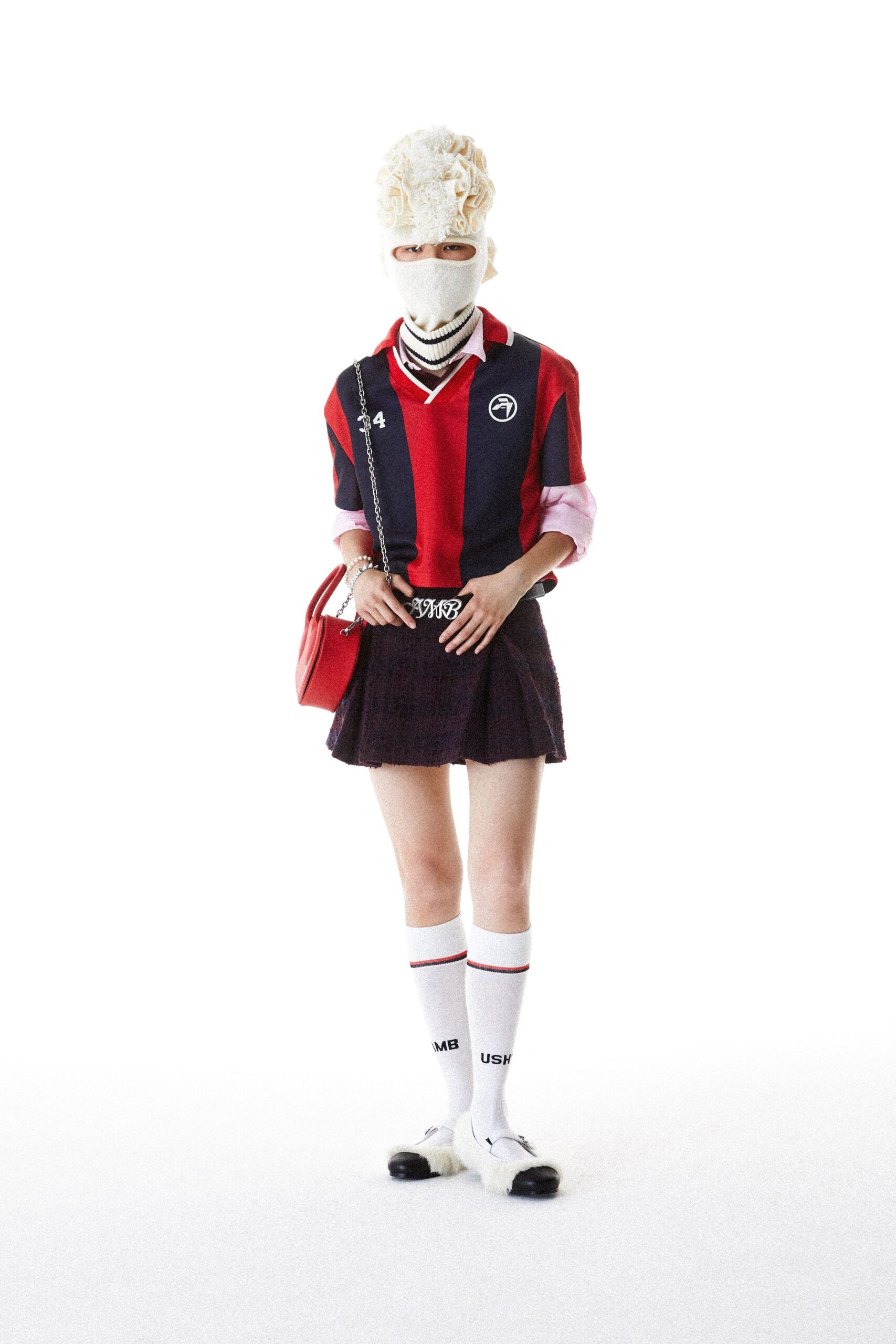 red cotton short-sleeve collared fitted color-blocked top