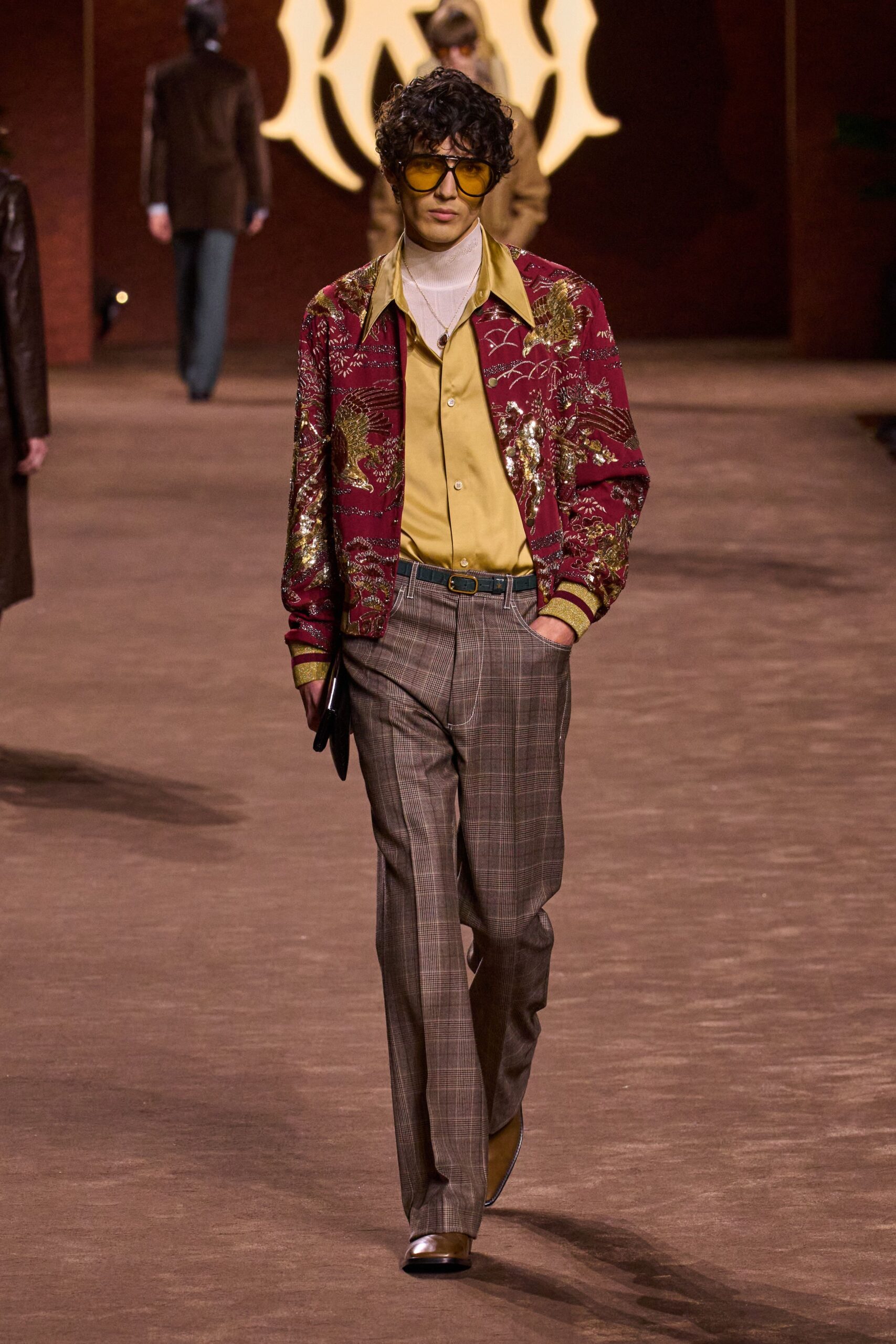 red silk long-sleeve collared fitted embroidered jacket
