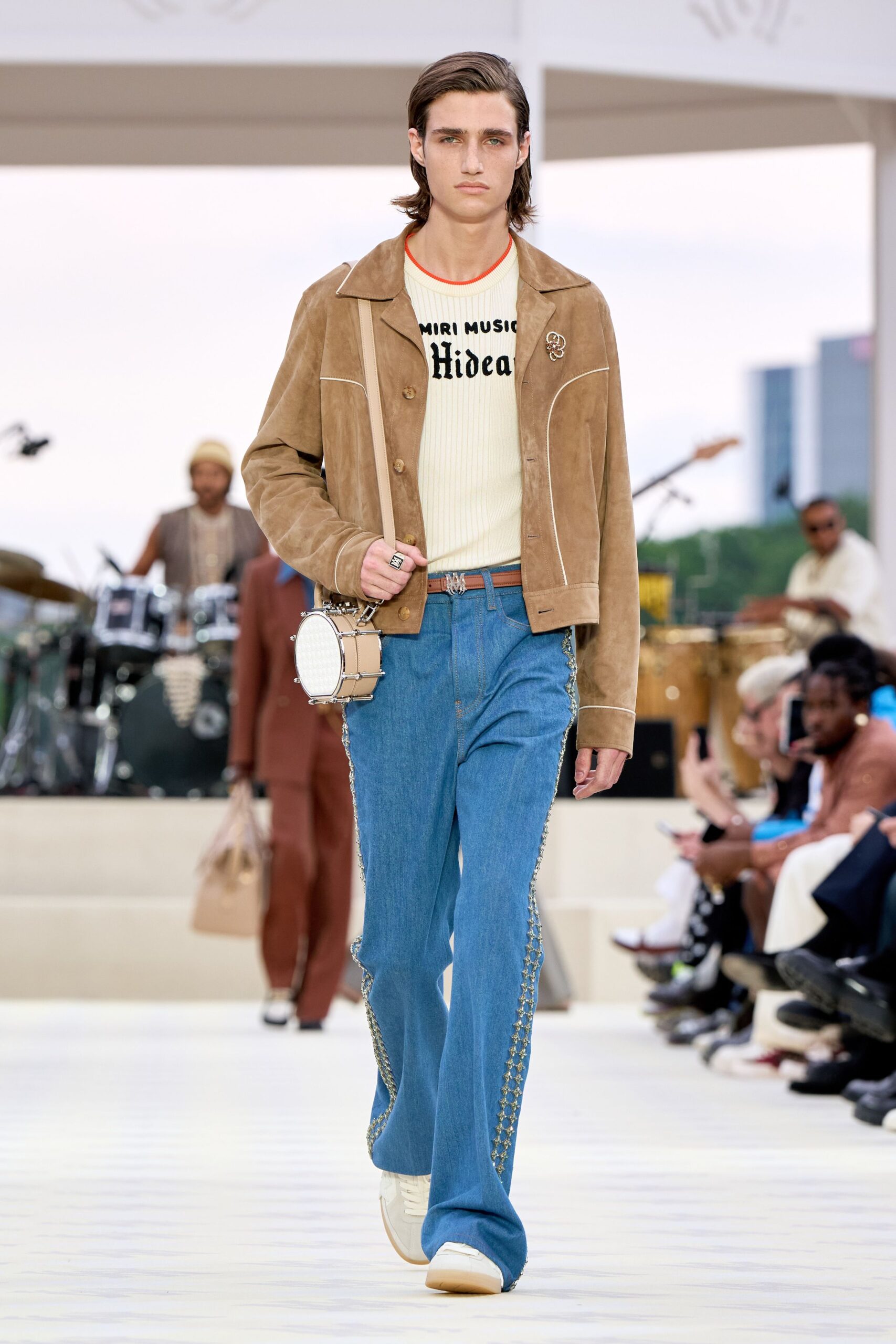 brown suede jacket with printed top