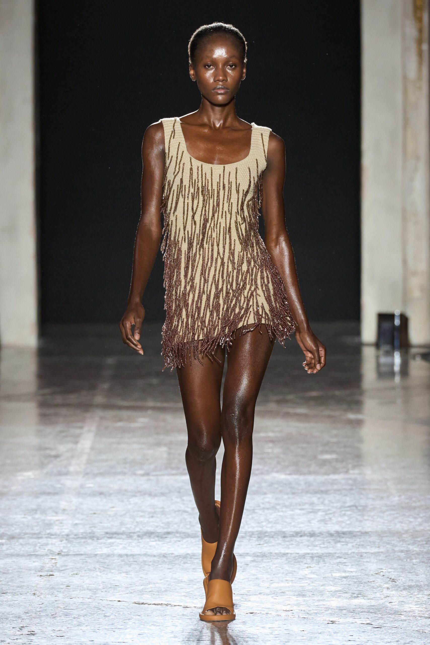 beige cotton sleeveless fitted fringed shiny short dress