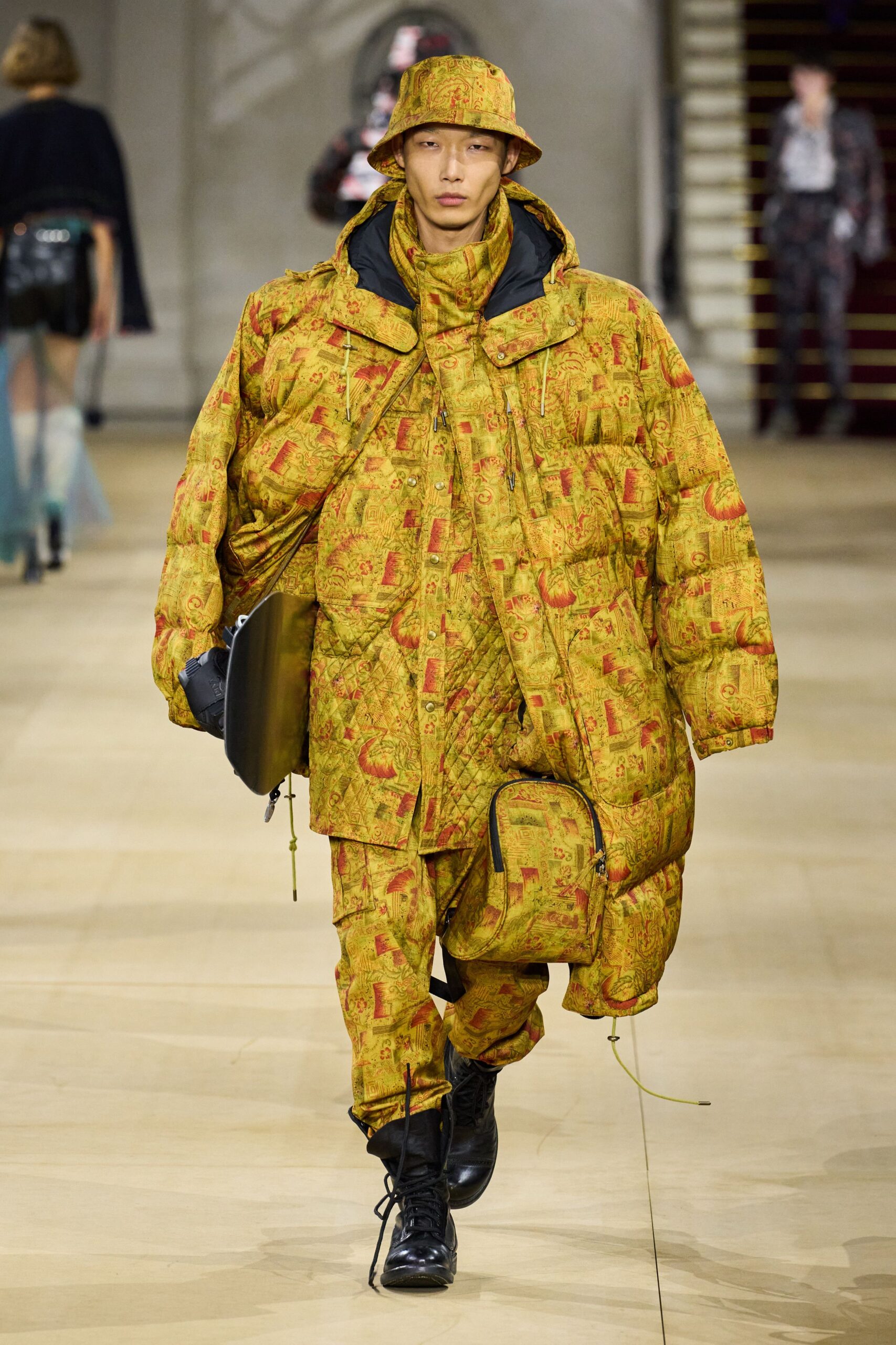yellow quilted coat and pants