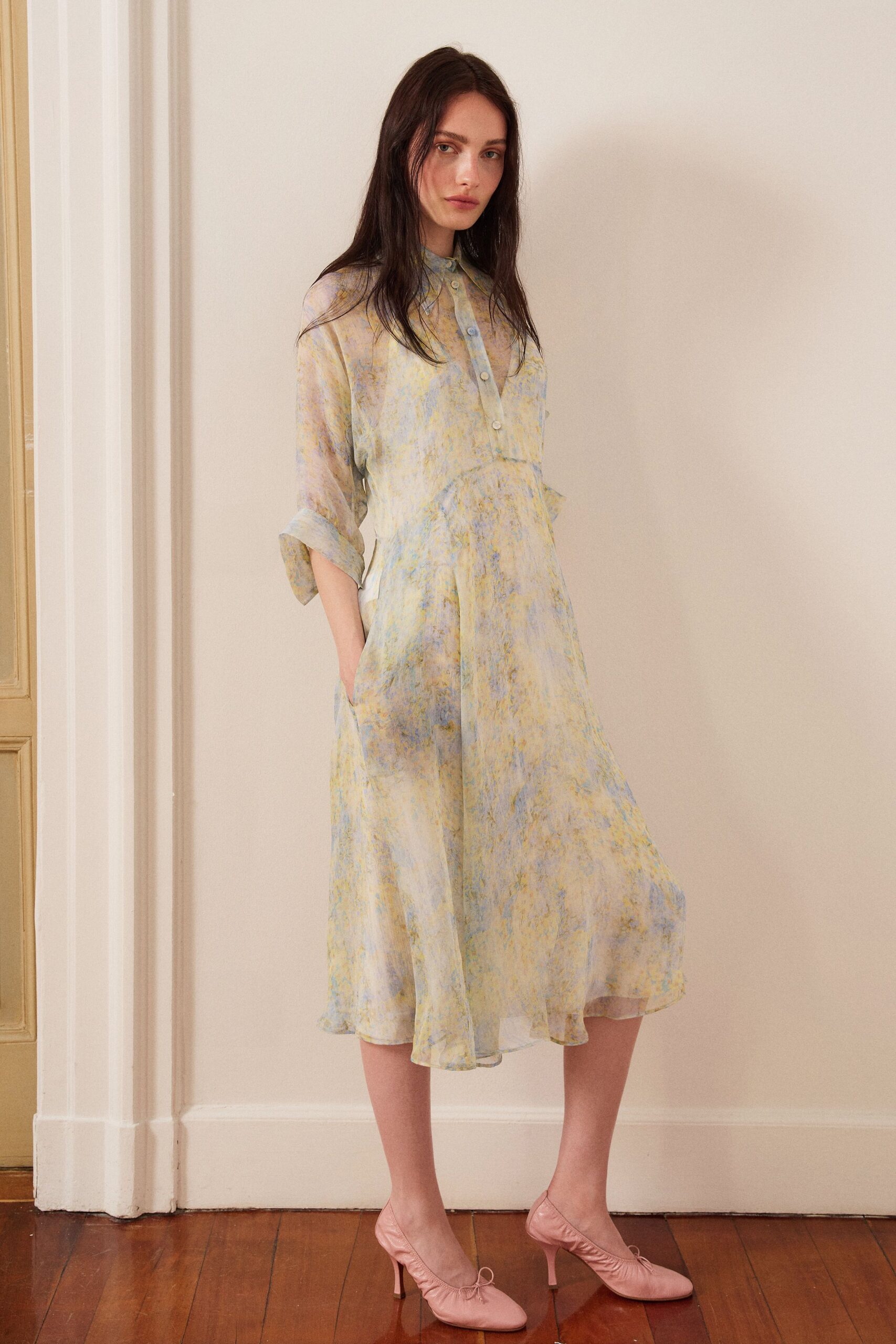 white silk long-sleeve collared relaxed buttoned printed dress