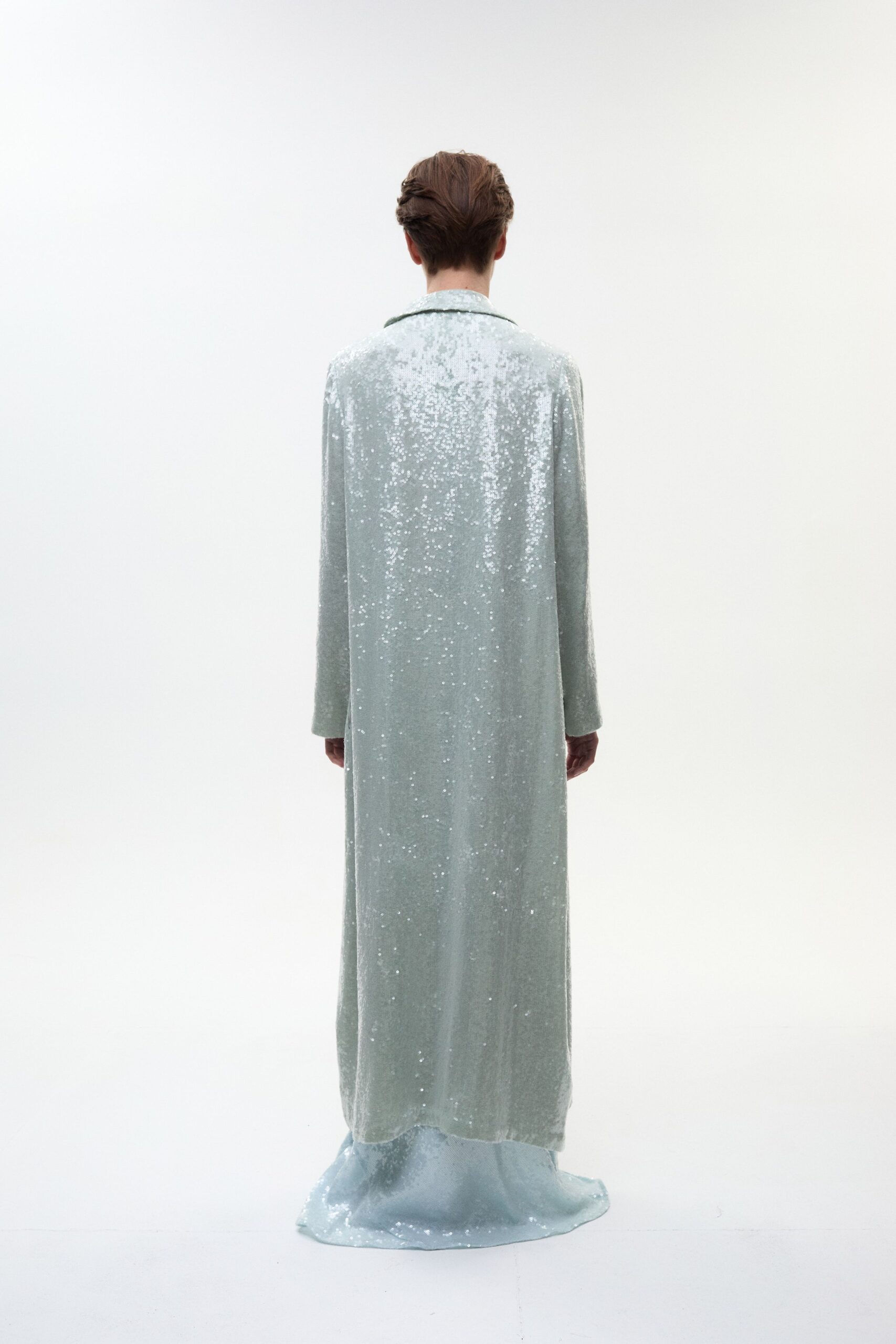 green sequin long-sleeve gown