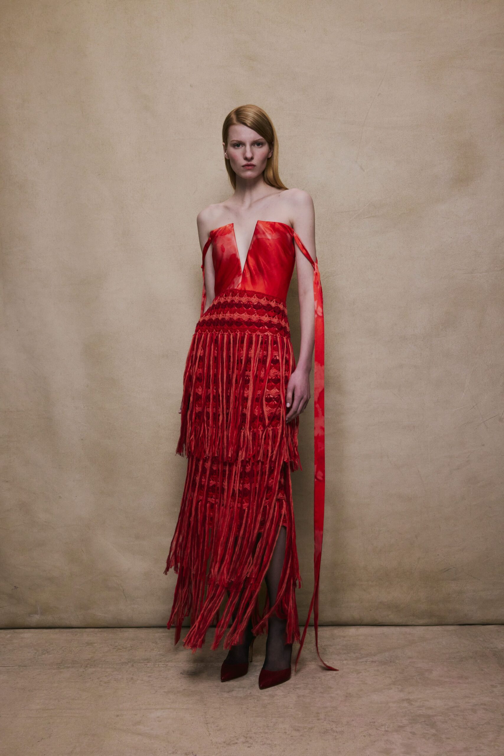 red silk strapless gown