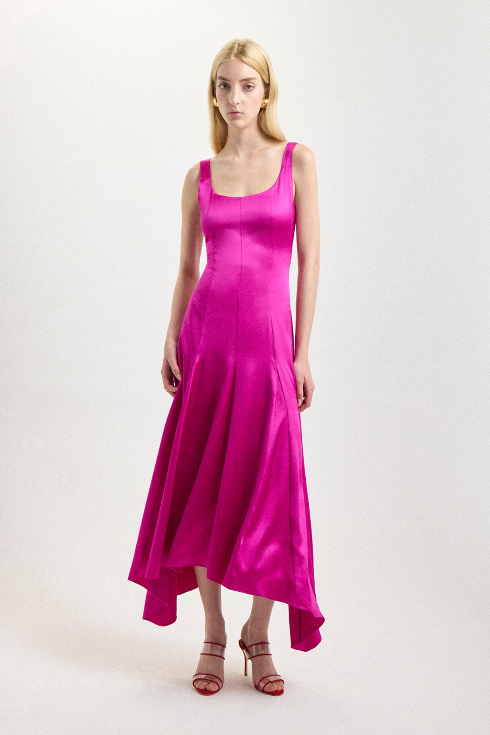 pink silk sleeveless square-neck fitted draped shiny dress