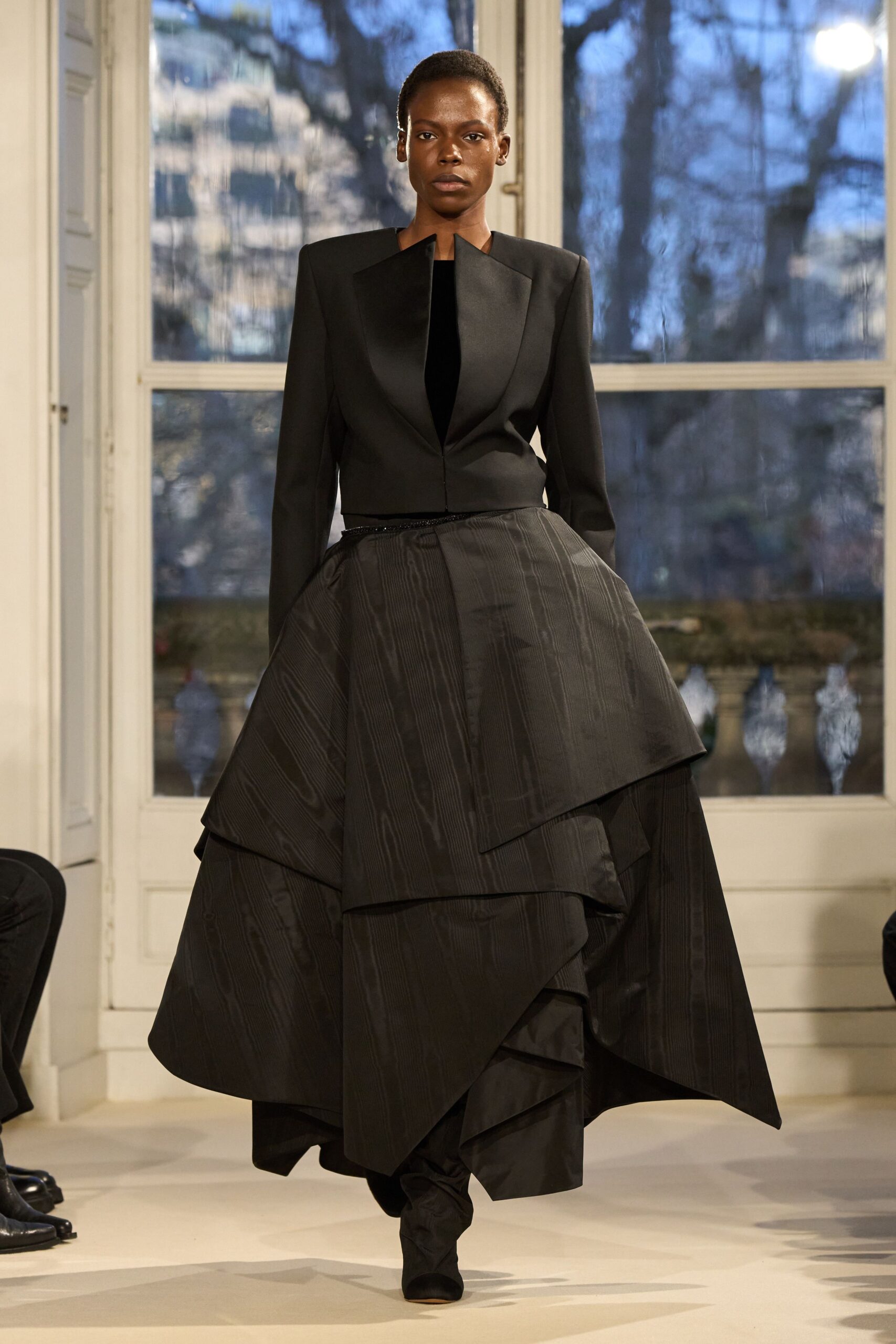 black silk asymmetric fitted layered skirt