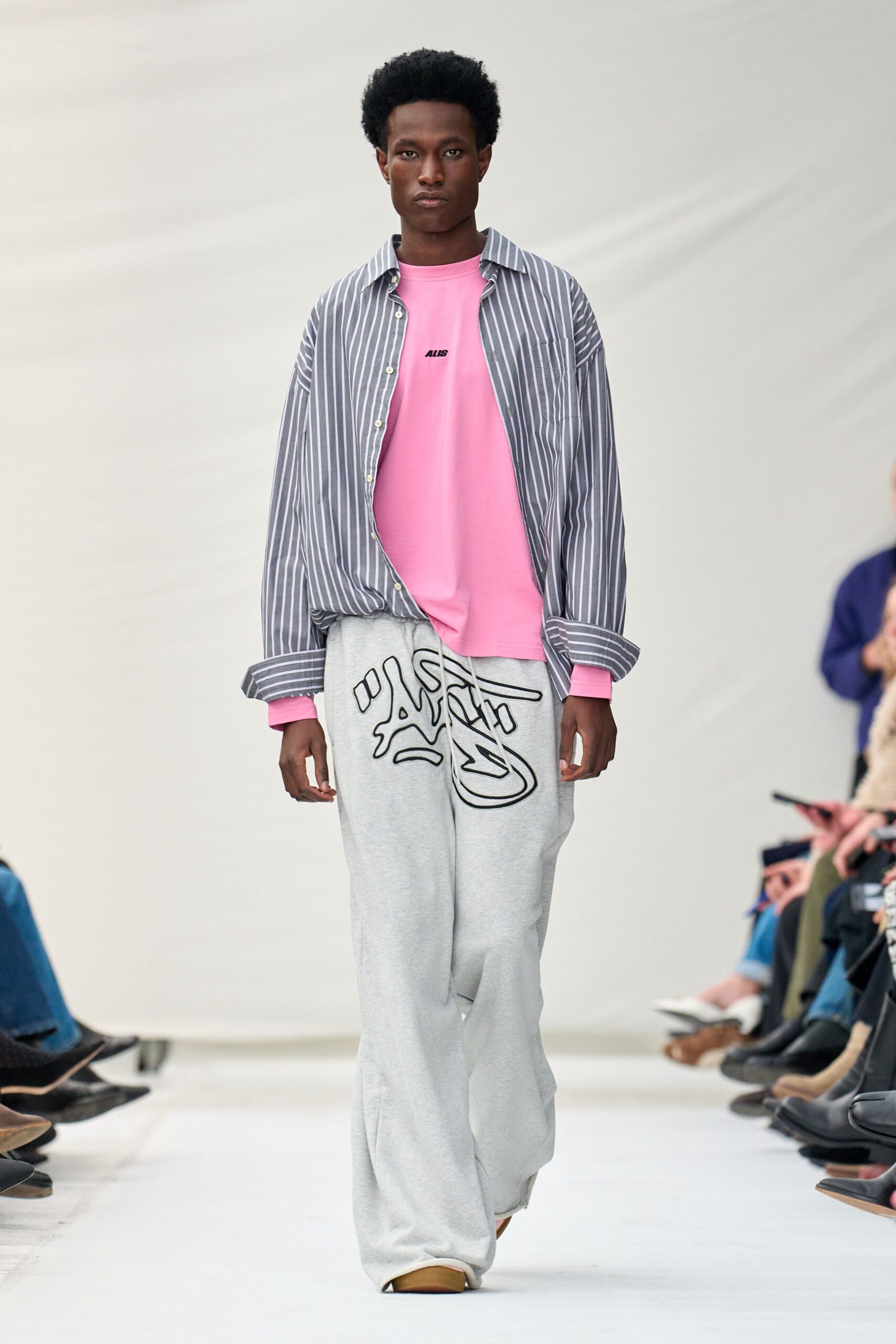 relaxed gray striped shirt with pink top