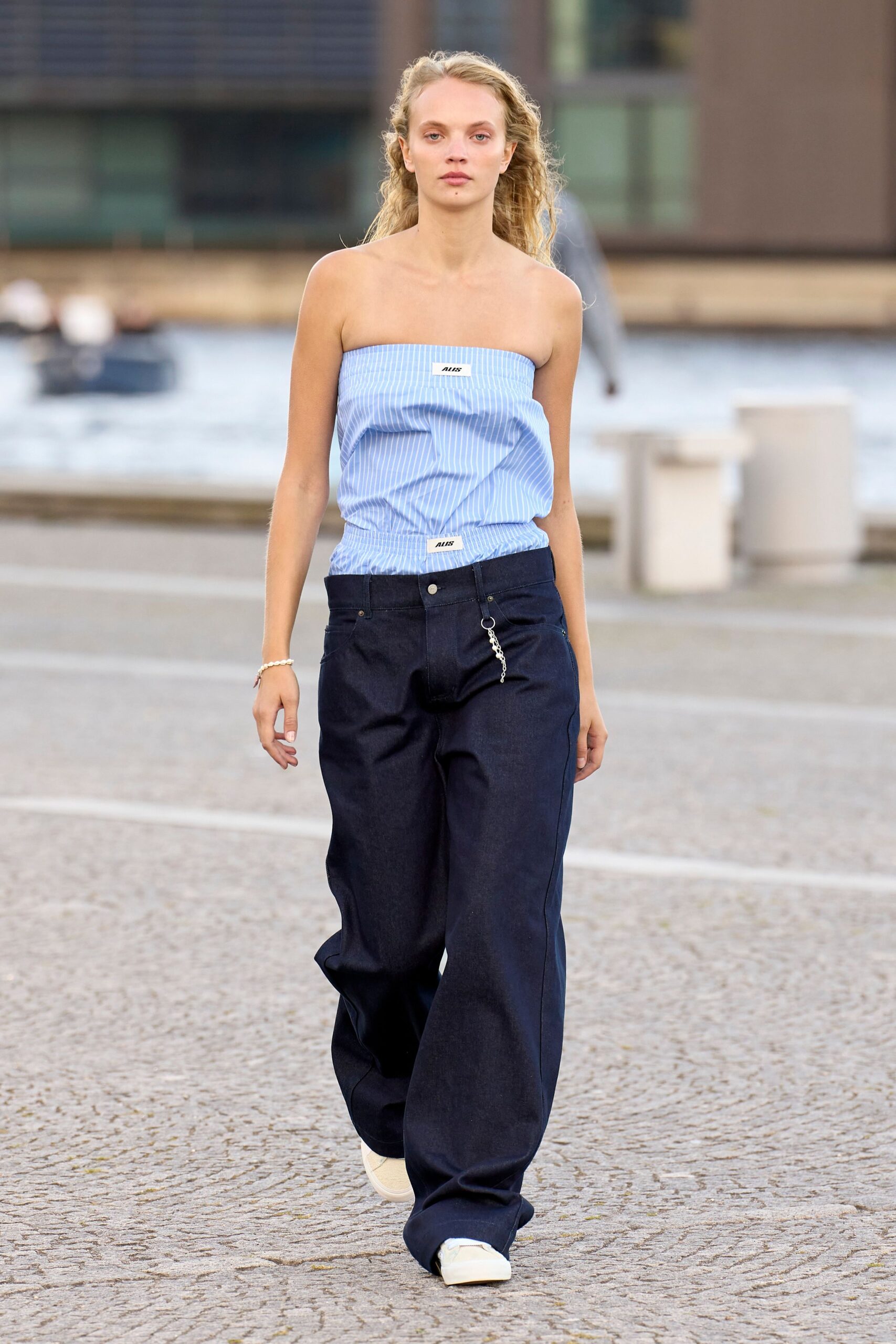 blue cotton strapless fitted striped buttoned top