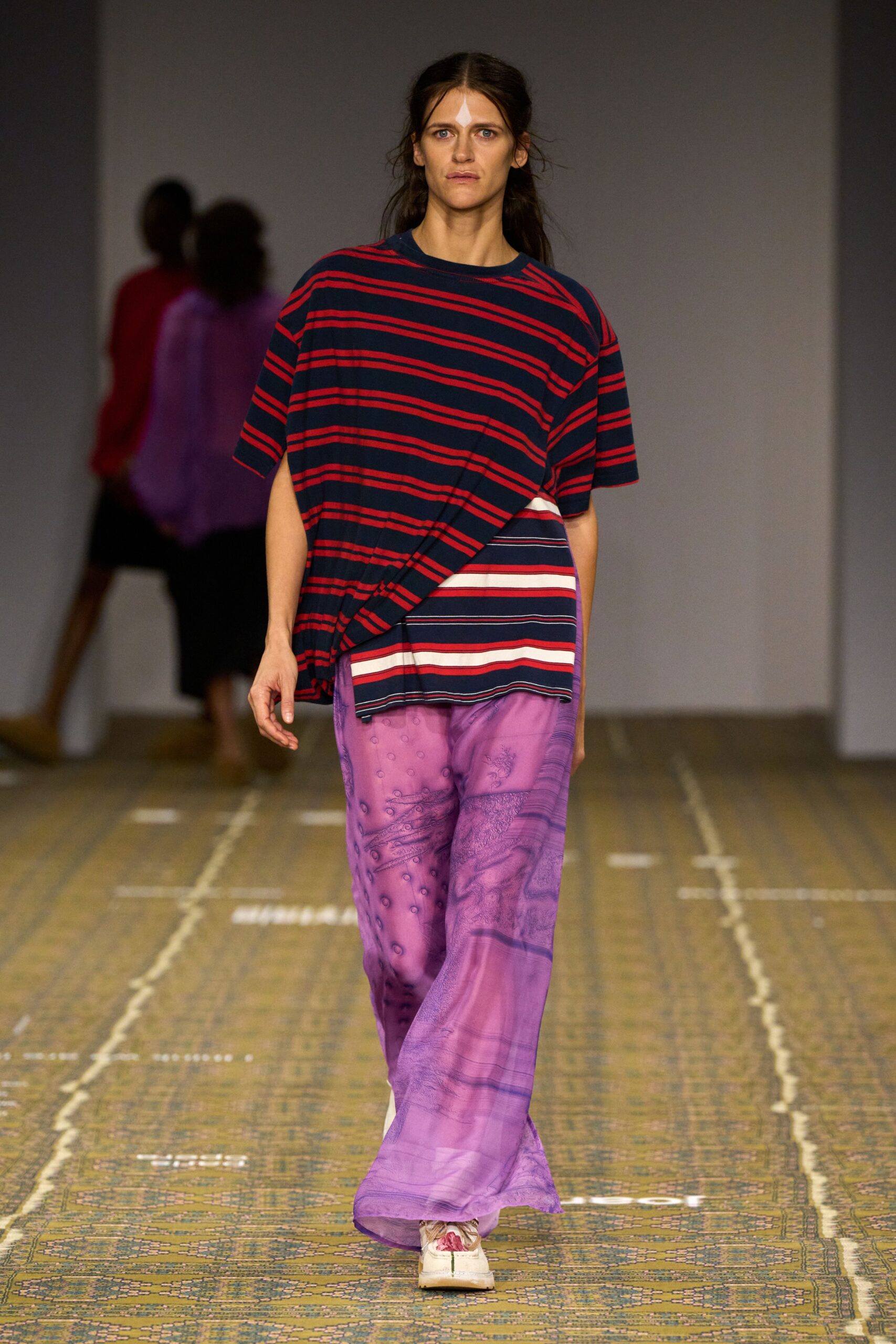 purple silk high-neck relaxed printed straight-leg sheer pants