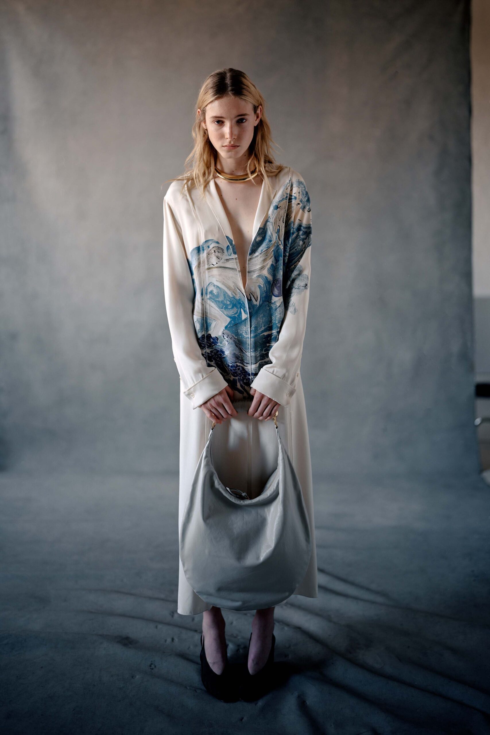 white silk printed maxi dress