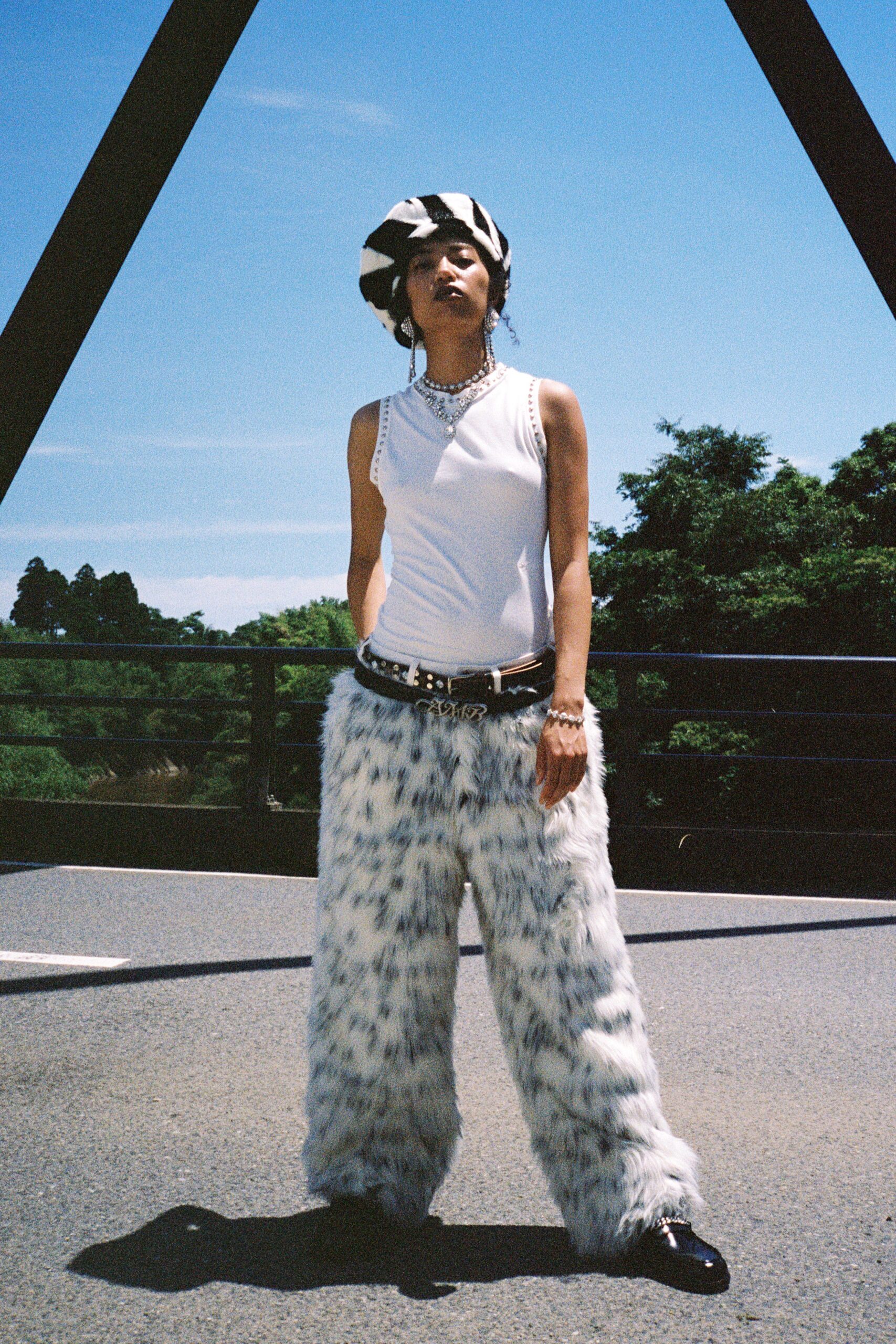 white fur high-neck oversized printed textured maxi pants