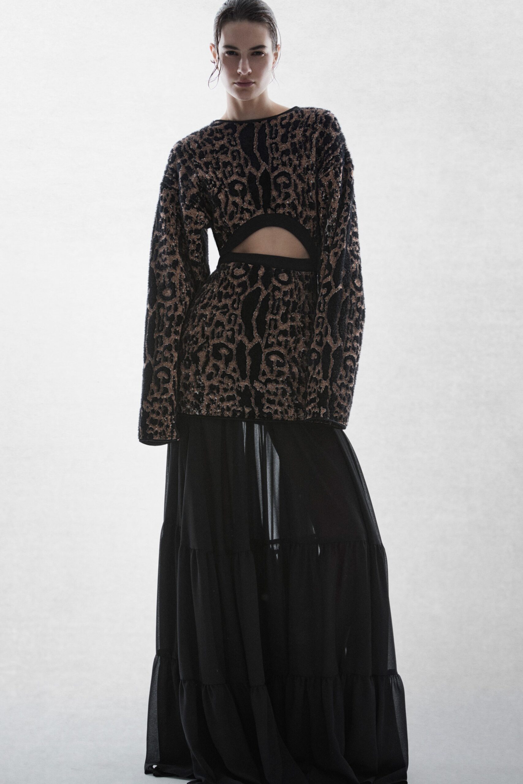 animal-print fitted top with tiered maxi skirt