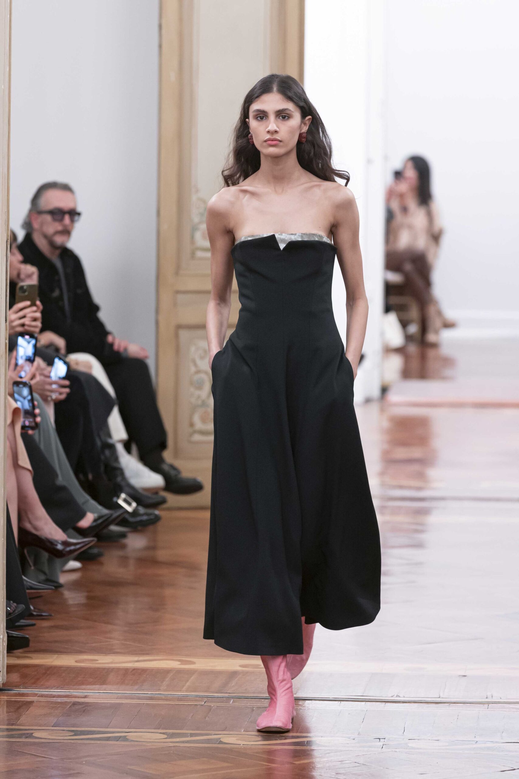 black strapless midi dress with pink boots