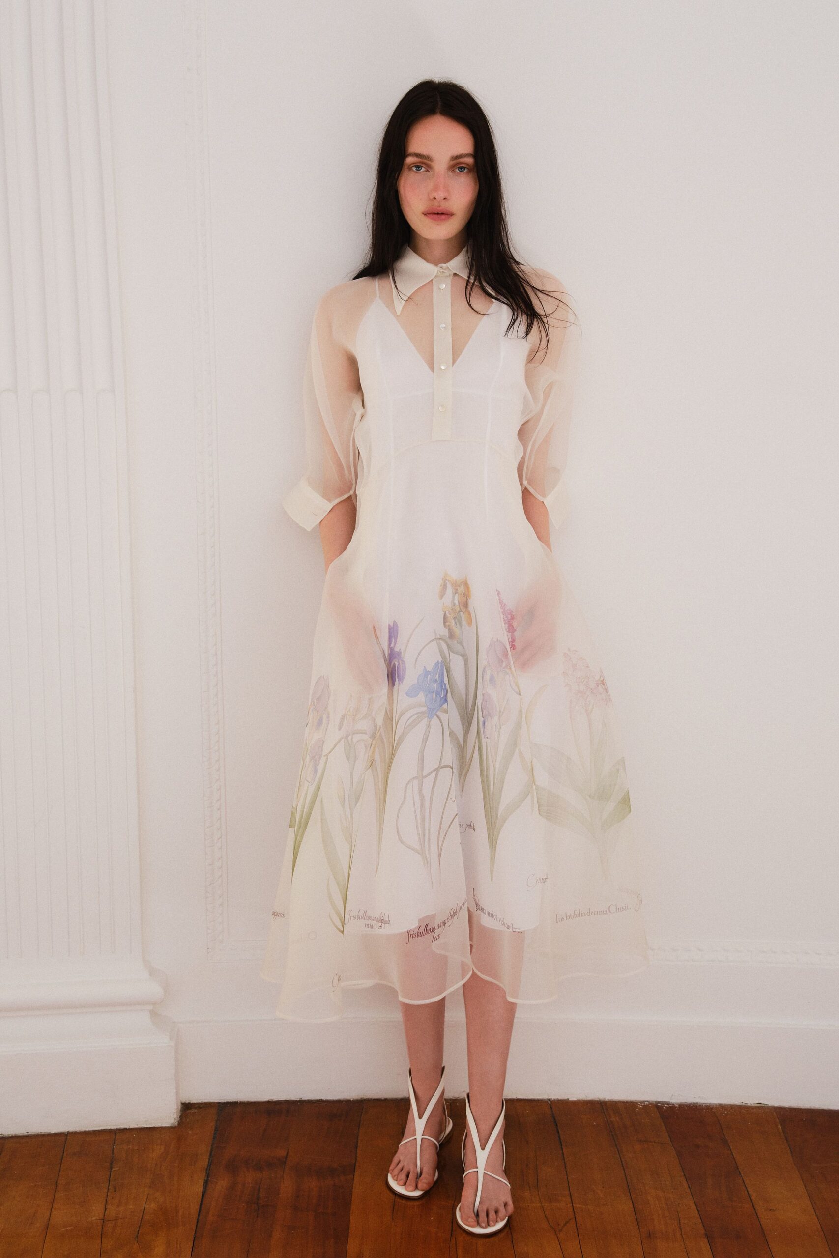 white silk long-sleeve collared structured printed layered dress