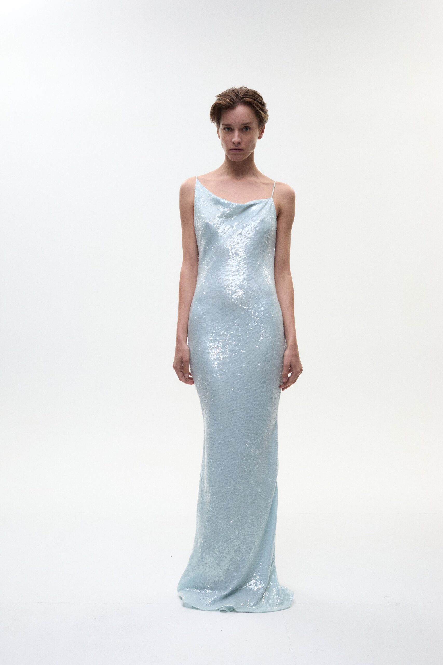 fitted blue sequin gown