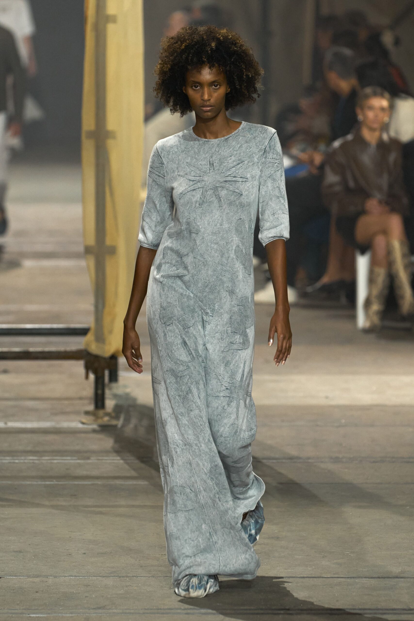 gray cotton long-sleeve collared relaxed draped jumpsuit