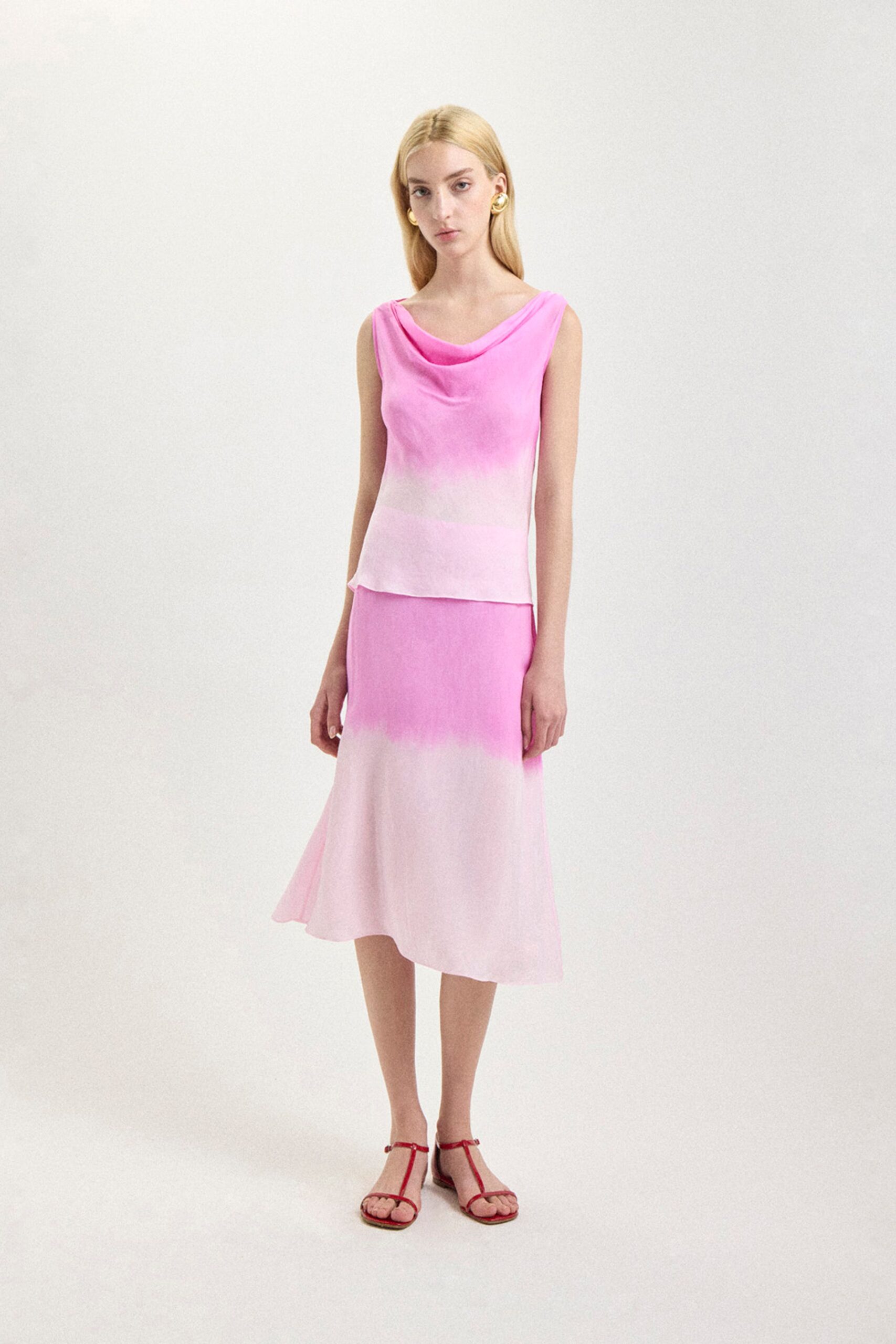 pink silk top and skirt
