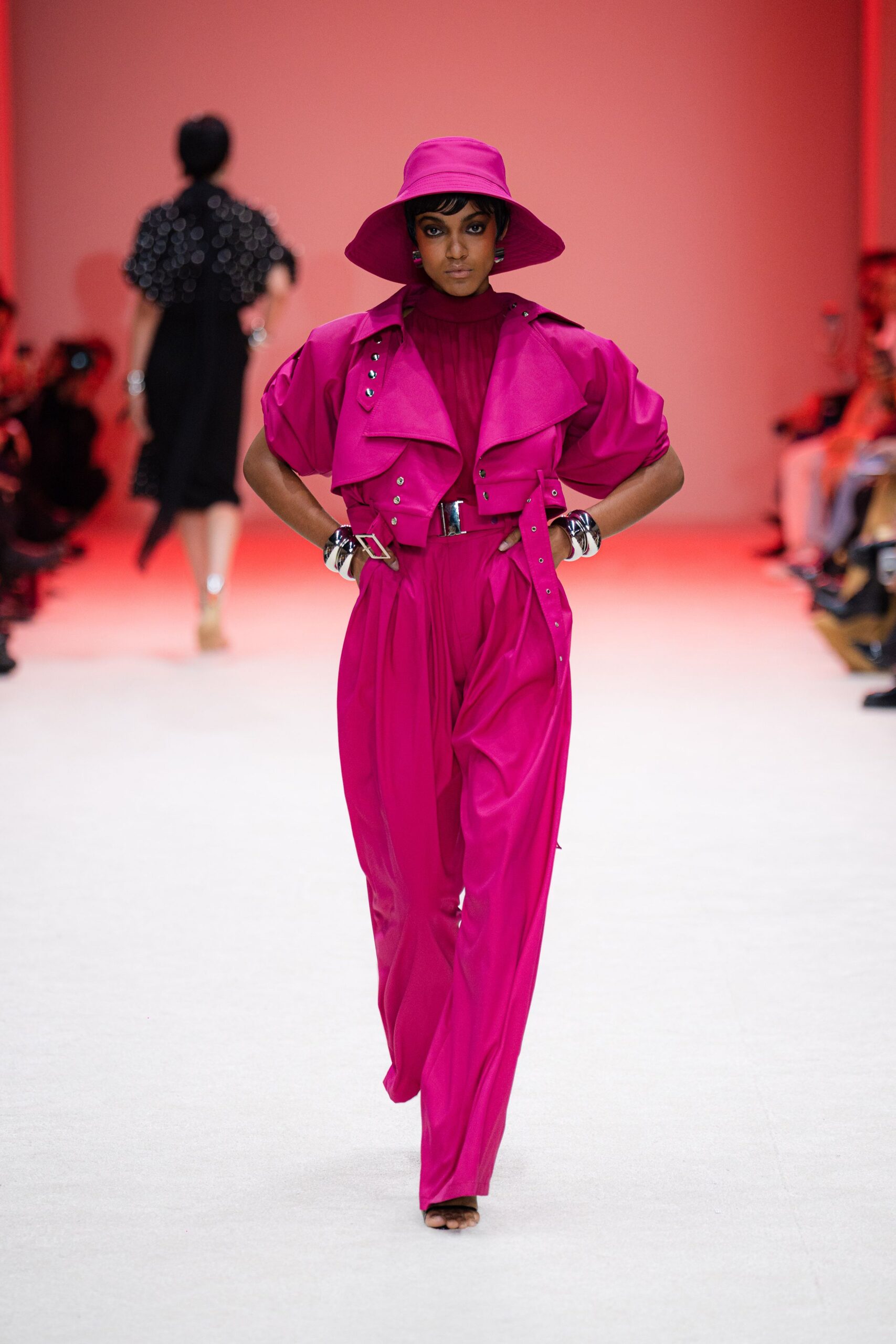 pink silk short-sleeve collared relaxed zippered belted jumpsuit