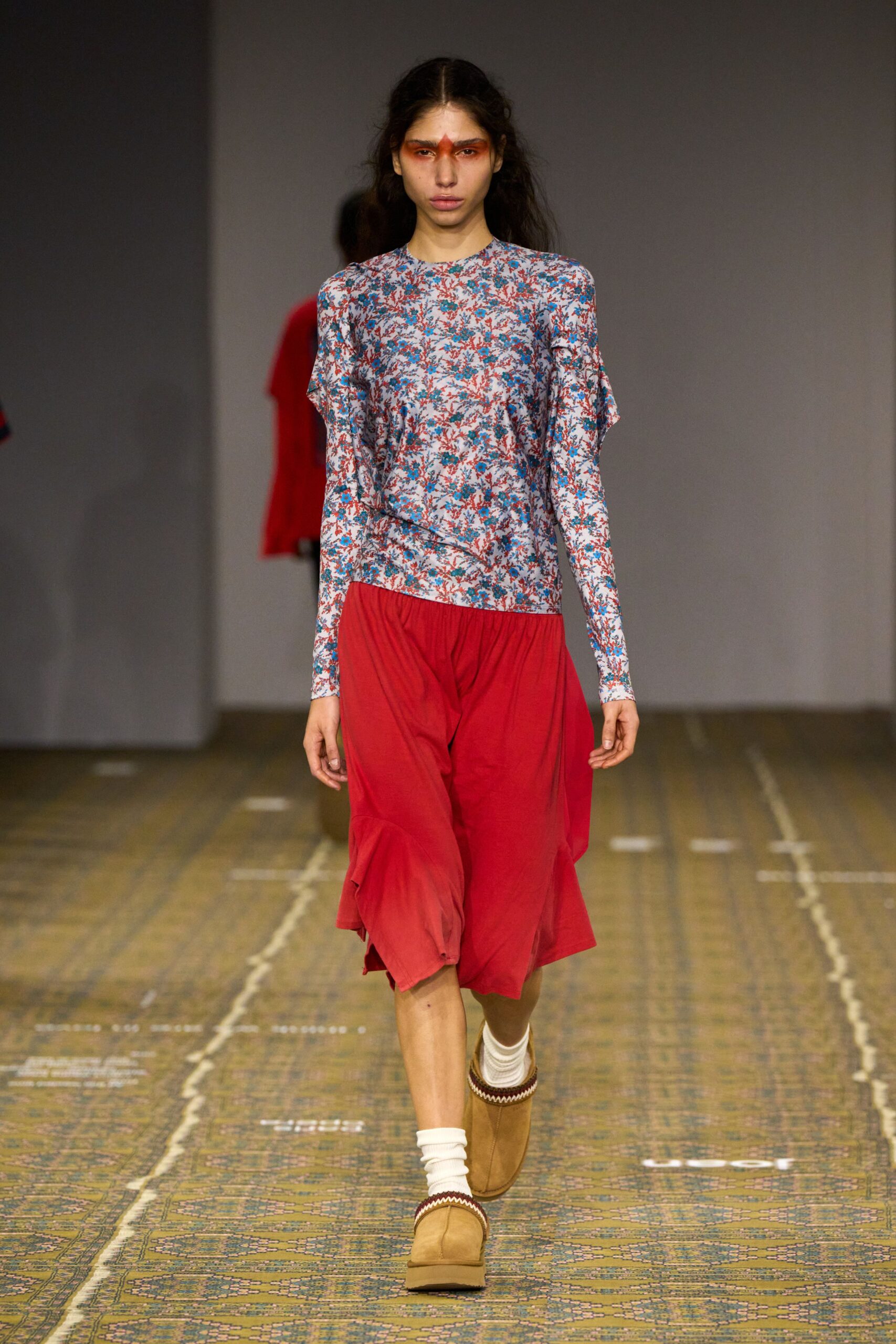red silk relaxed draped layered flowing midi skirt