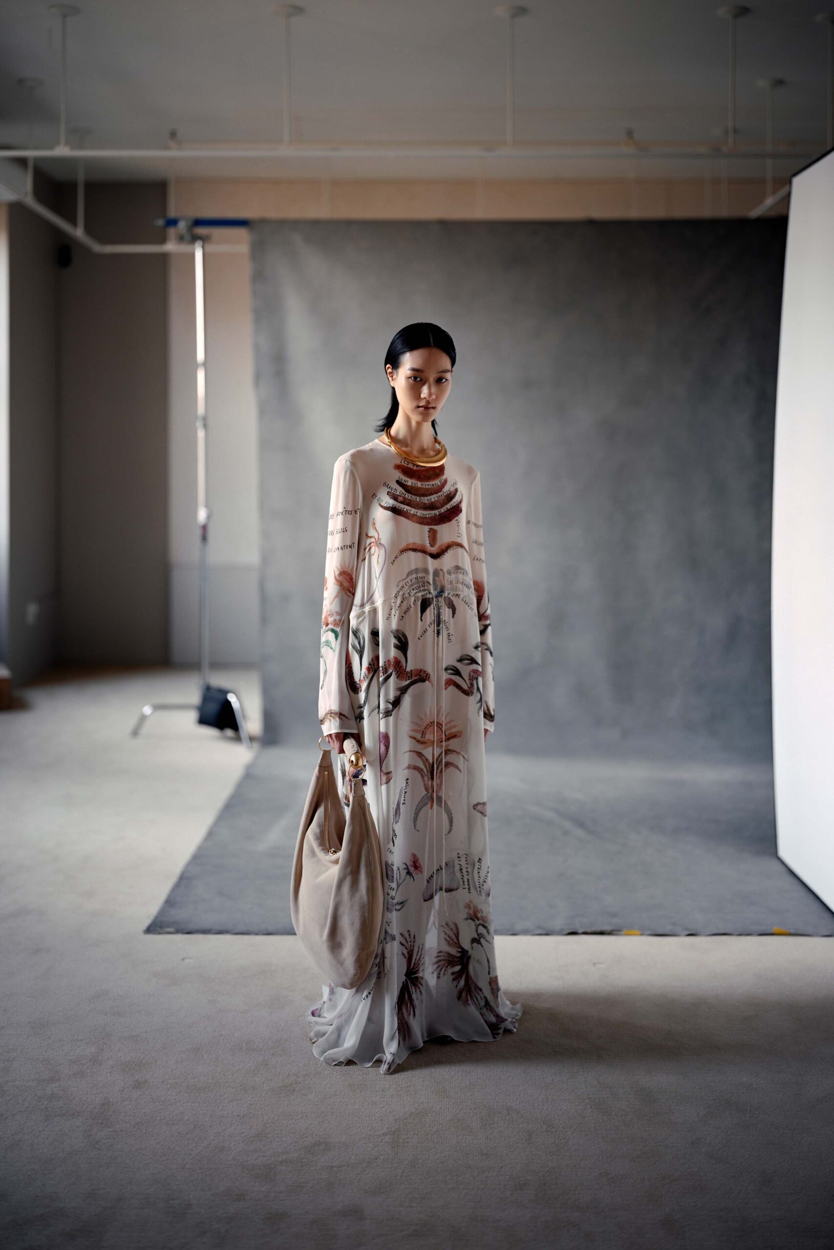 beige floral silk gown with bag