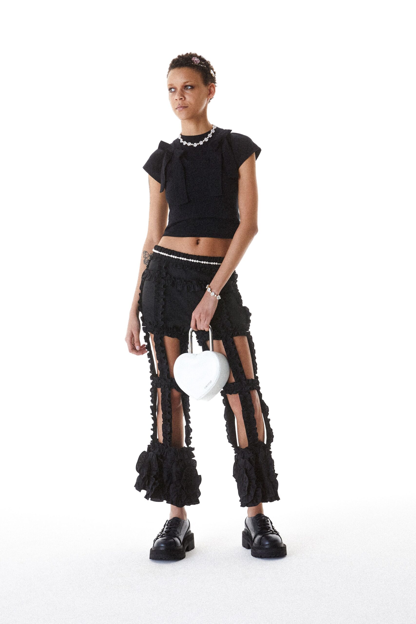 black cotton relaxed ruffled pants