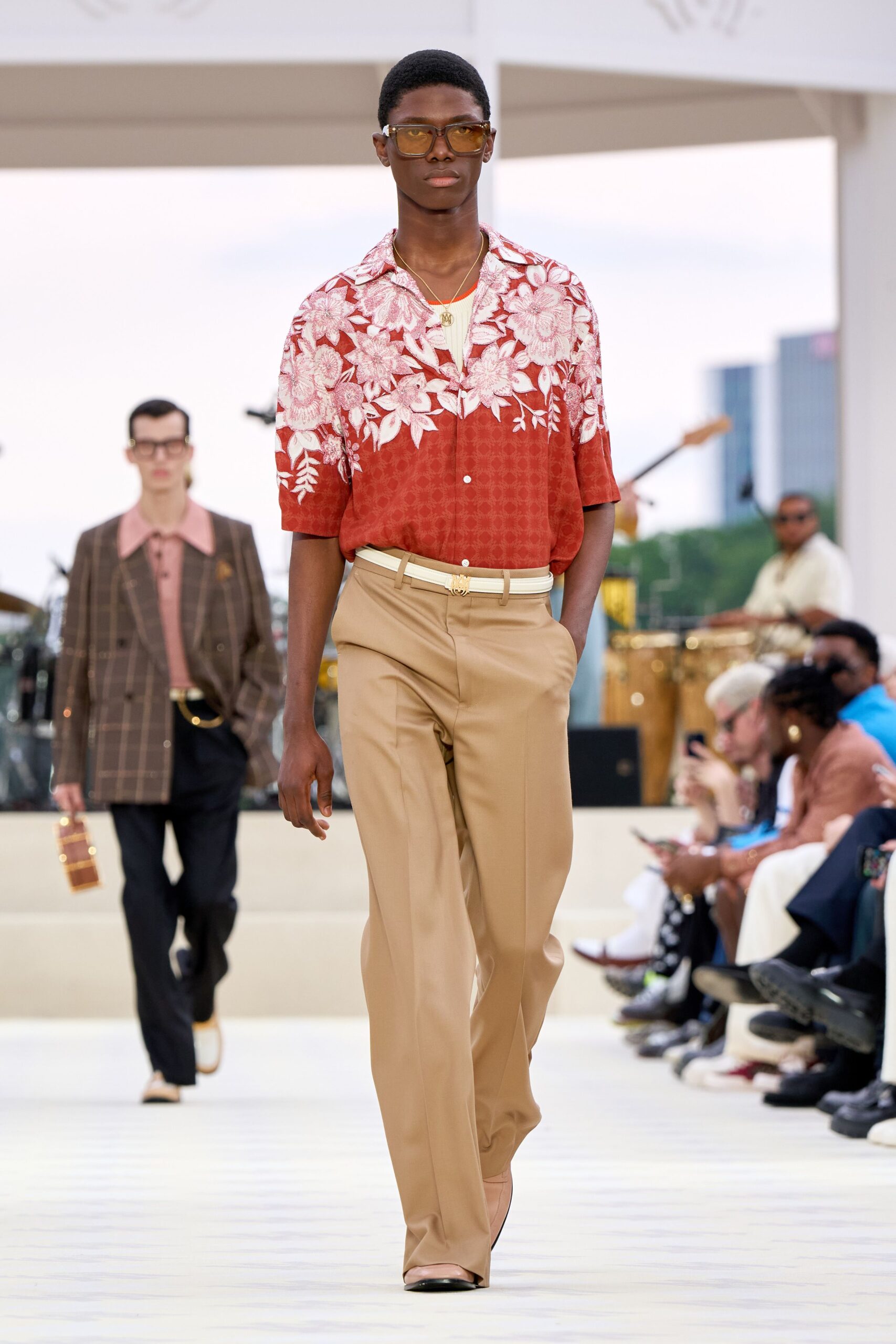 floral shirt and tailored pants