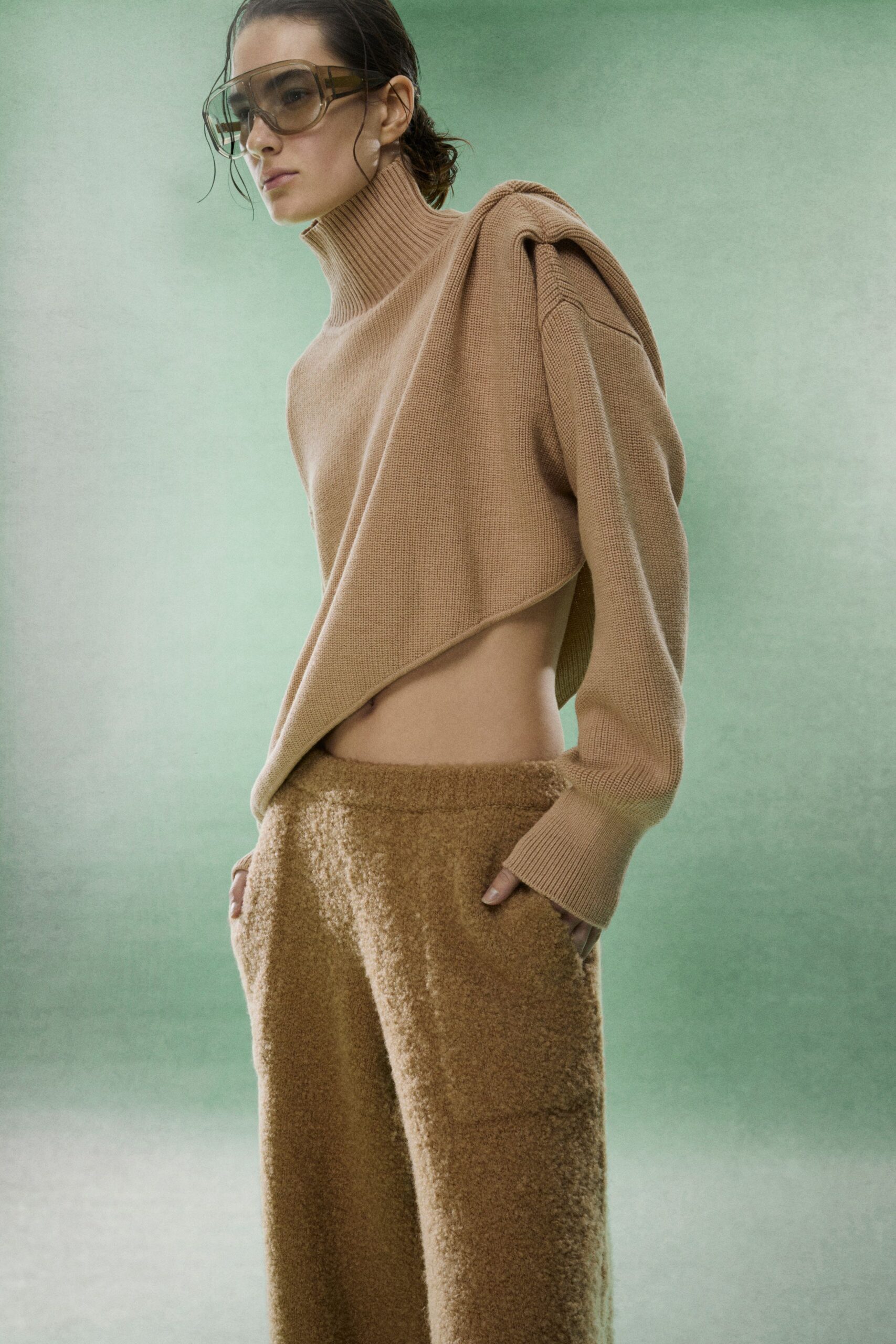 beige wool long-sleeve turtleneck relaxed top