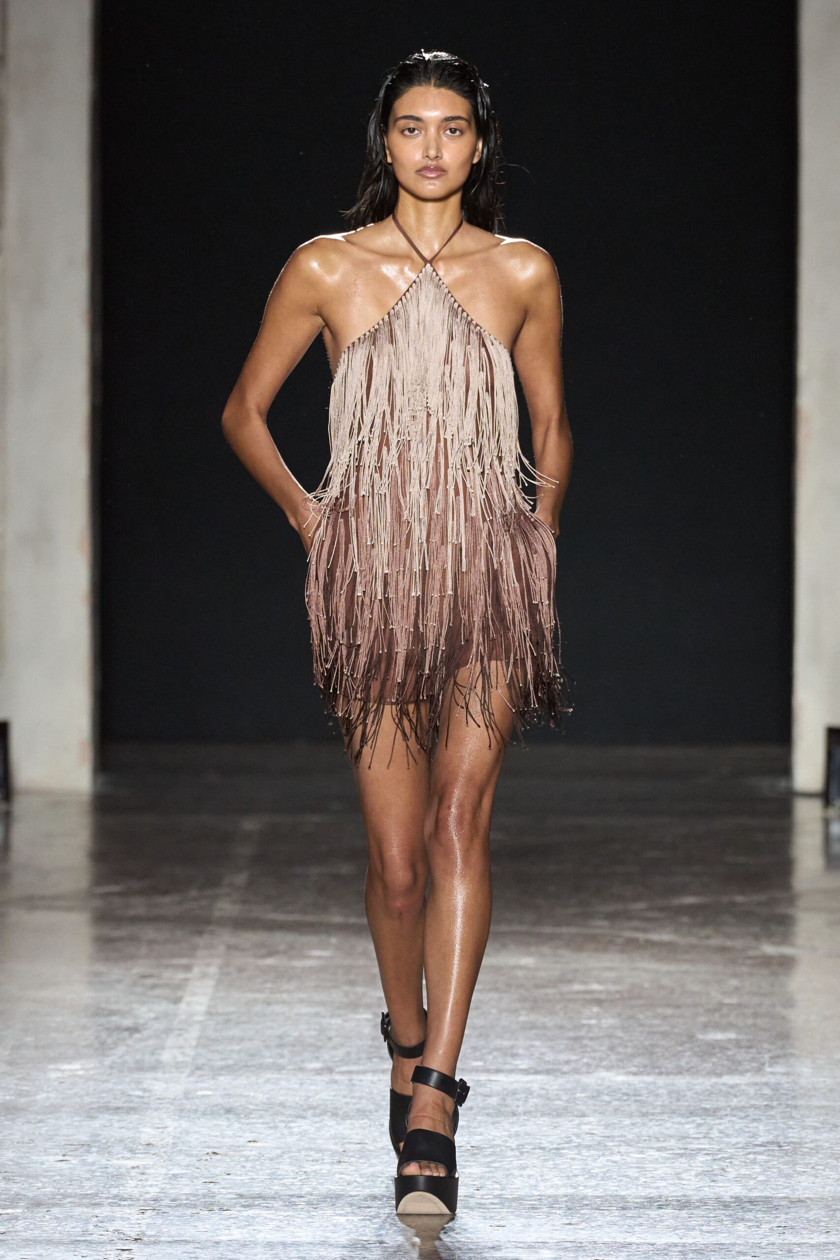 brown silk sleeveless v-neck fitted fringed flowing dress